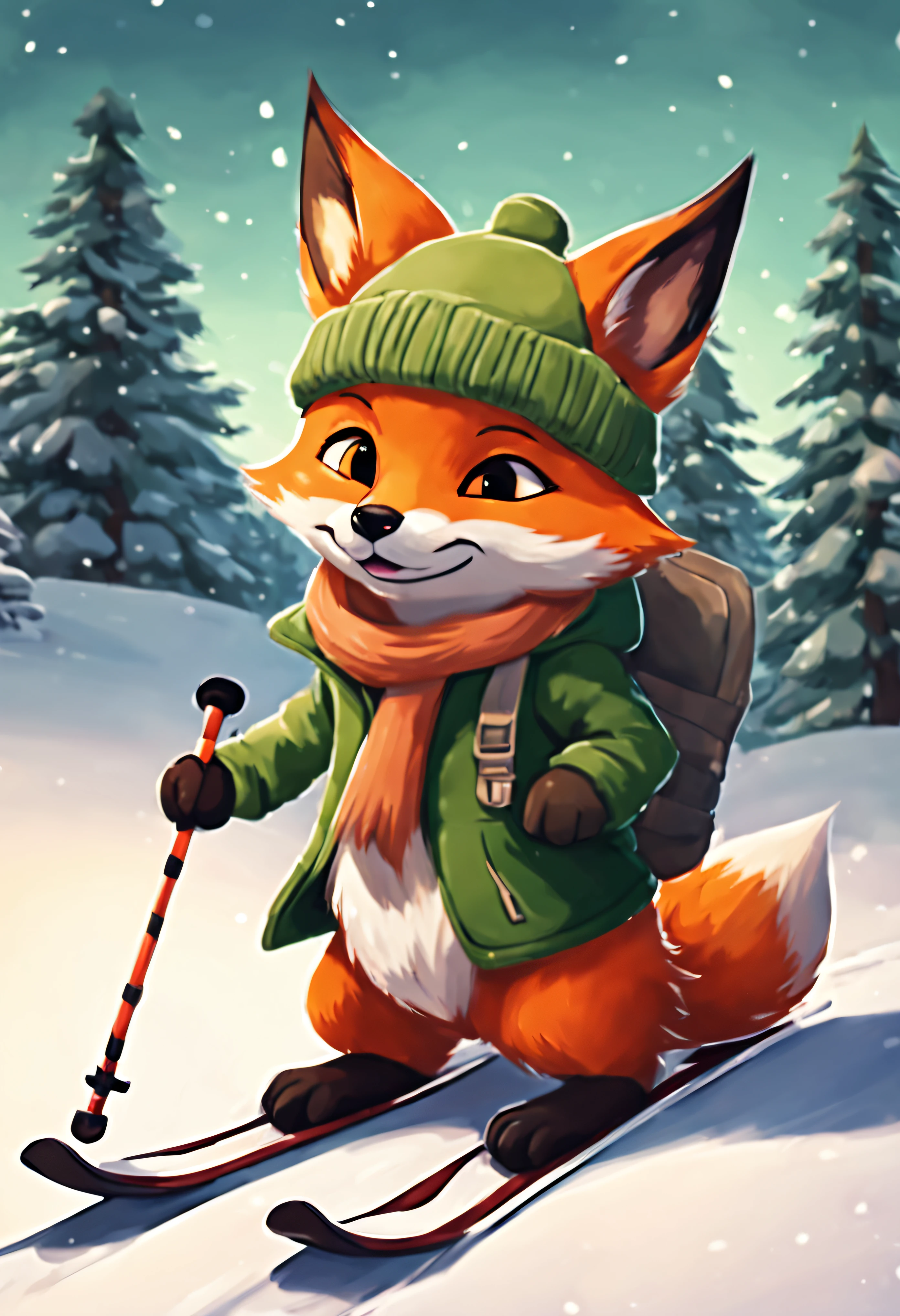 Cute little fox with green eyes and green hoodie, Orange paws. The picture looks like the work of Makoto Shinkai. A cute fox is skiing in a winter landscape. The fox looks at the sky where the red lights are shining. Christmas village, northern lights, shooting star, cozy, the fox is happy, the fox is lovely, the fox is cute. Best quality, sharp picture, cinematic, afternoon, sunset, bright colors, great picture, cute fox. the fox is cute and lovely, winter, the fox's back is taking pictures, the fox is not looking at the camera, red elf hat, christmas hat, night, northengights, christmas tree, high quality, sharp image, wood colored skis, the fox is skiing on skis, fox is happy, cute small fox