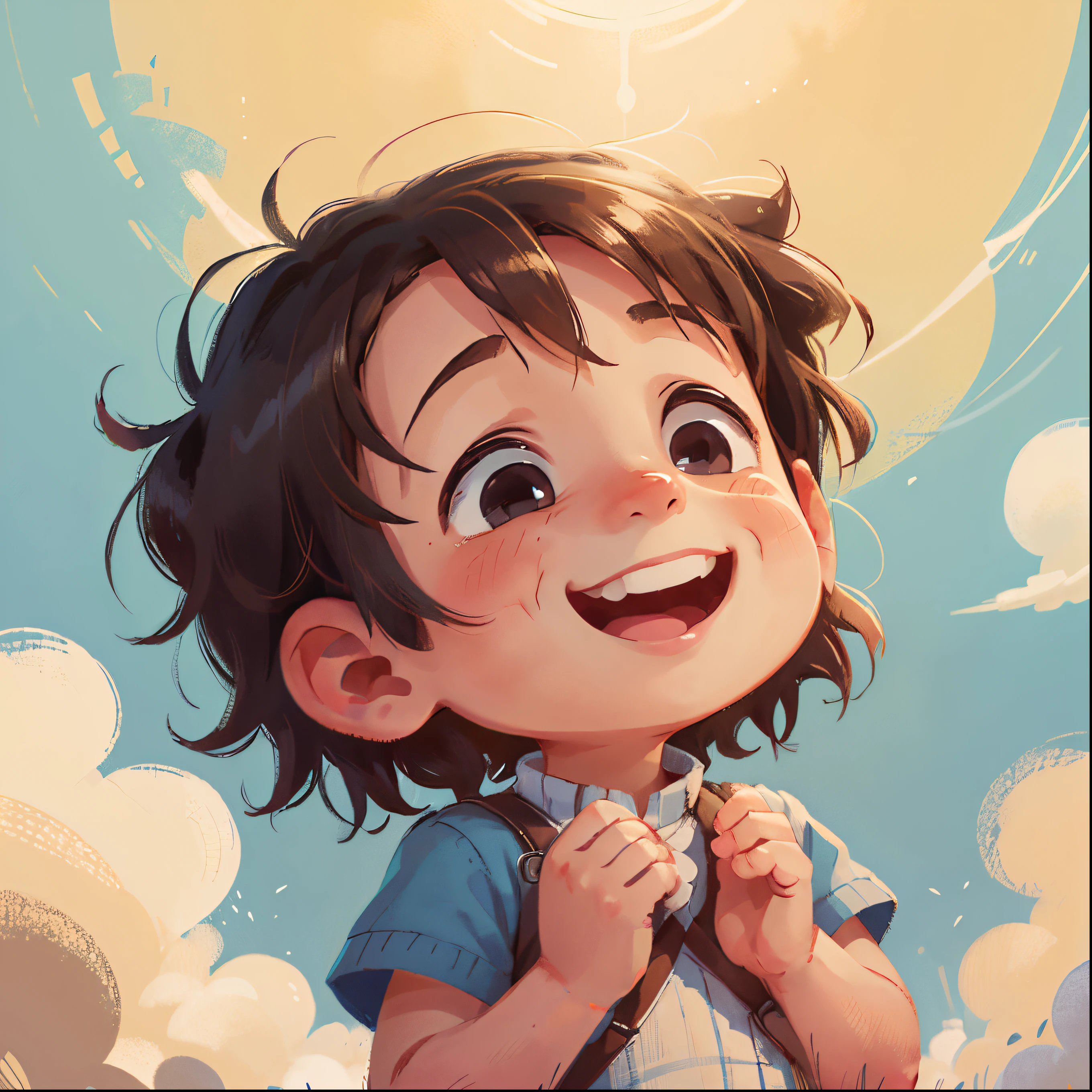 A smiling little boy looking up at the sky, his cupped hands over his eyes, as if imagining flying.