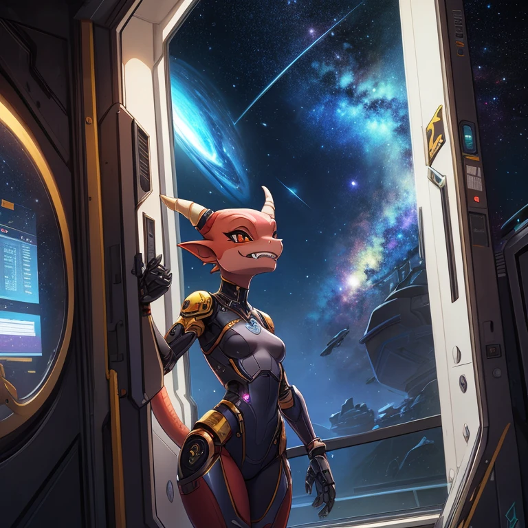 female, furry, metalic, robotic, anthro, kobold, short, small breasts, smiling, fangs showing, thin body, standing in cell, science fiction, looking out window, galaxy, stars, high quality, masterpiece,