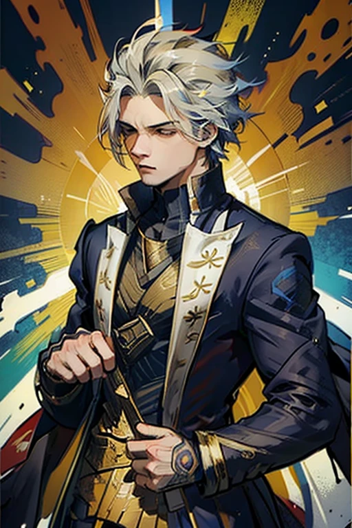 um homem com cabelo liso preso com detalhes em amarelo e branco, com roupa roxa, vermelha e azul,