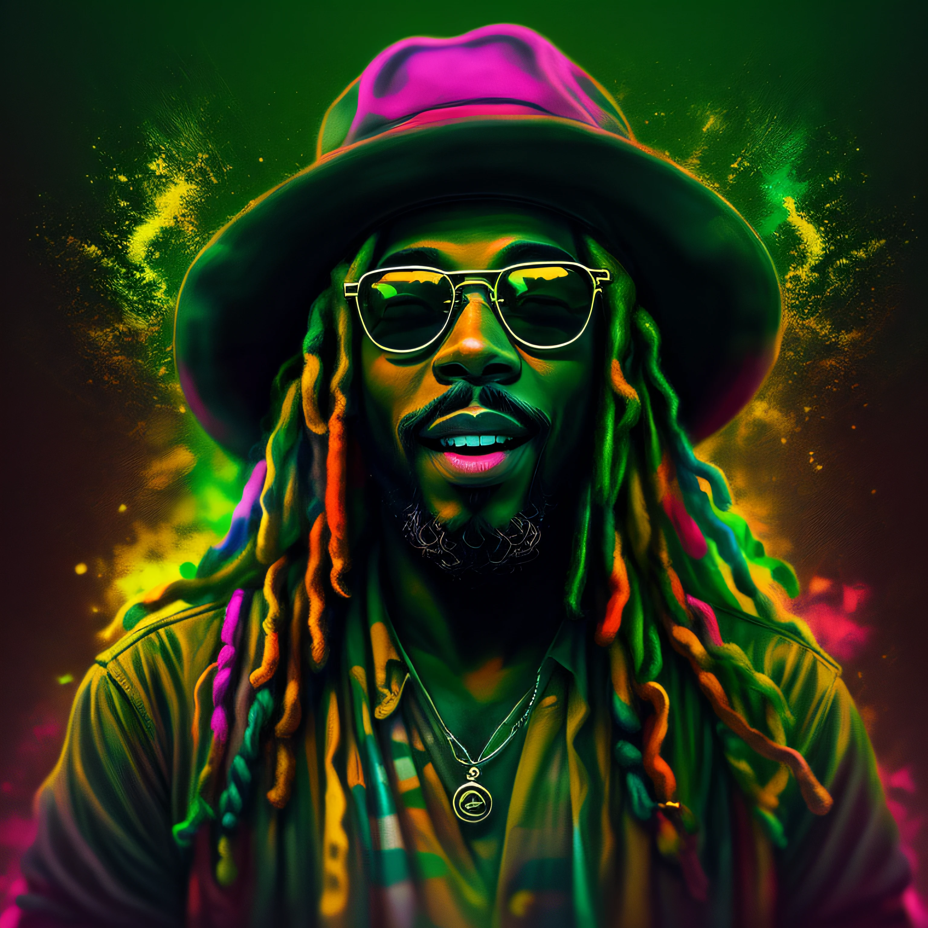 arte do vetor, blur art (1blackRasta sorrindo com roupas nas cores do reggae) mafia, neon style cinematic lighting, salpicado de tinta