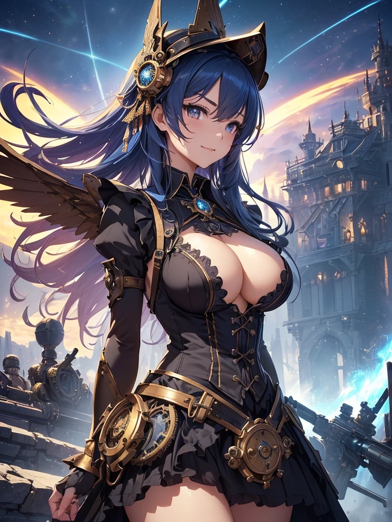 top-quality、Top image quality、​masterpiece、Angle seen from the side、Beautiful Gothic girl((20yr old、Best Bust、big bast、Bust 90,long hair with beautiful blue eyebrows、A slender、a closeup、Hold a steampunk cannon、steampunk armor、Flying in the sky、glowing sword in hand、fly on big mechanical wings、cool jump、fight、Esbian、Gothic Maid costume、beautiful apron、hiquality、Beautiful Art、Background with((starrysky)))masutepiece、visualart、depth of fields、、、🎵、Happy smile、Gentle light、、Beautiful and skin-friendly legs、、Number of fingers to achieve precise finger movements、nffsw、nffsw、Lots of gears、、Artistically、、action scene、huge robot、Great angle、steampunk fantasy、Kime Pose！lively atmosphere、Beautiful helmet