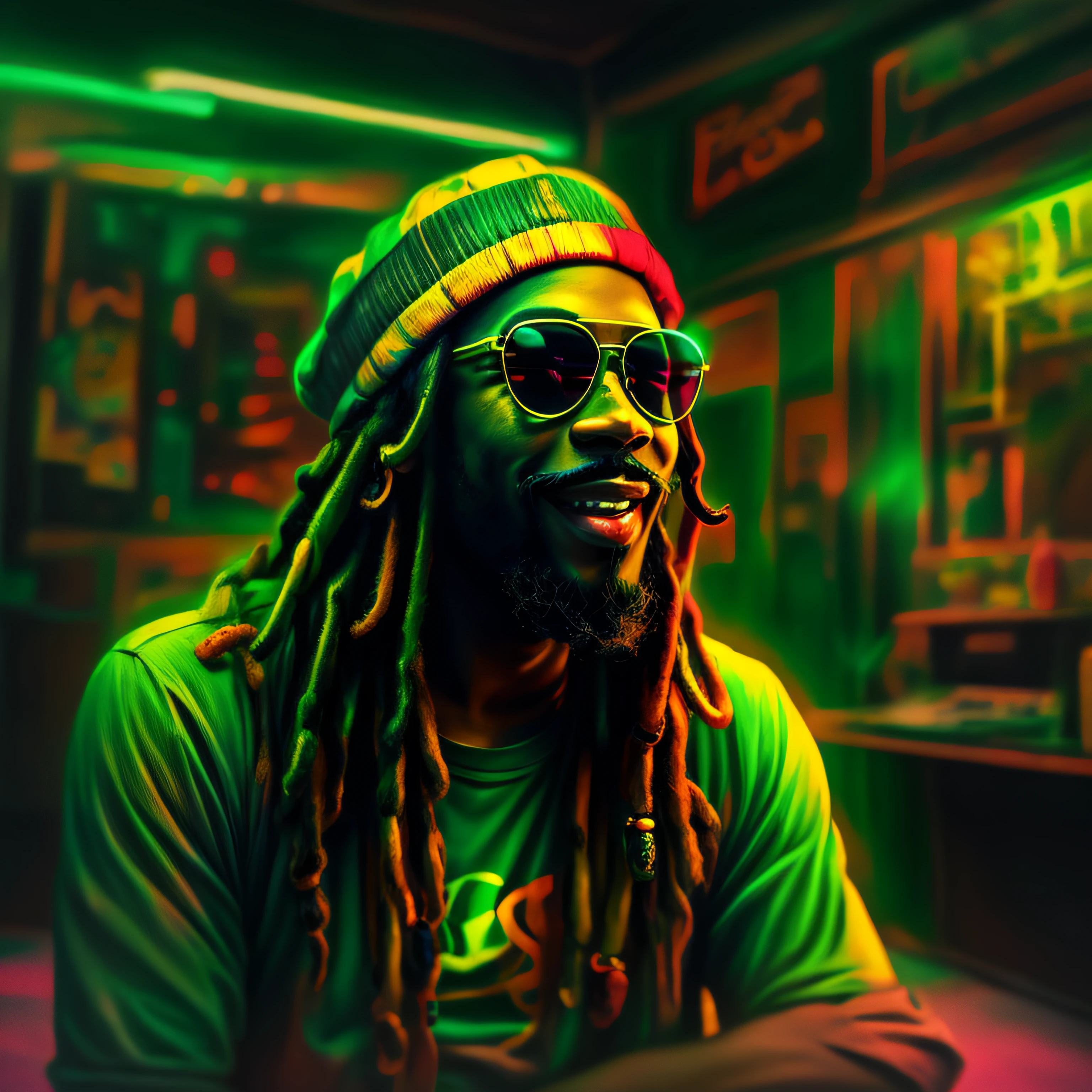 arte do vetor, blur art (1blackRasta sorrindo com roupas nas cores do reggae) mafia, neon style cinematic lighting, salpicado de tinta