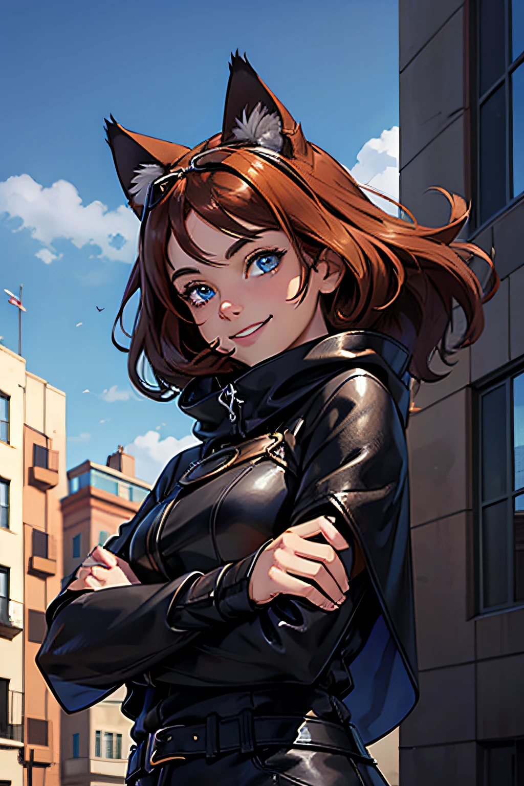 1 cat girl, 14 years old, smiling, with long auburn hair with black leather poncho, with goggles covering her blue eyes, on the top of a building, it's windy outside