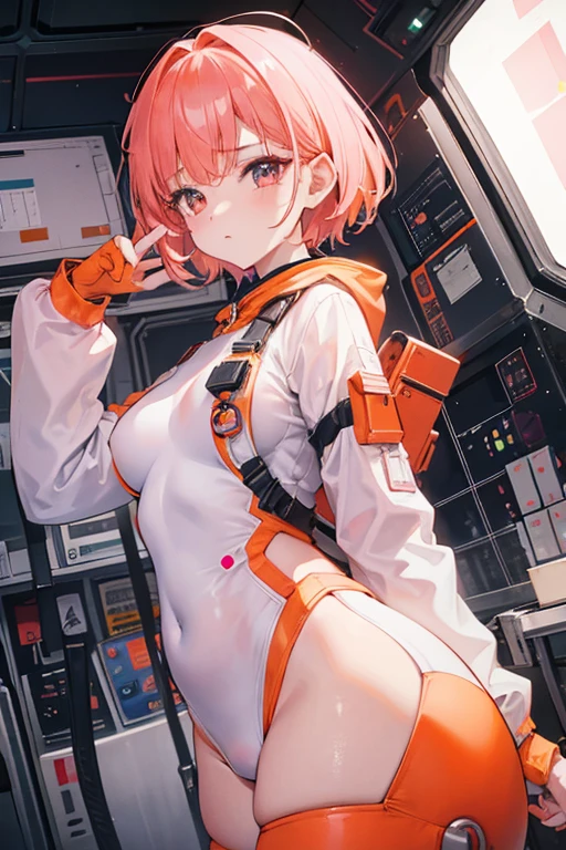1girl, orange astronaut suit, pale, short pink hair, medium breasts, space station, absurdres, high res, ultrasharp, 8K, masterpiece,