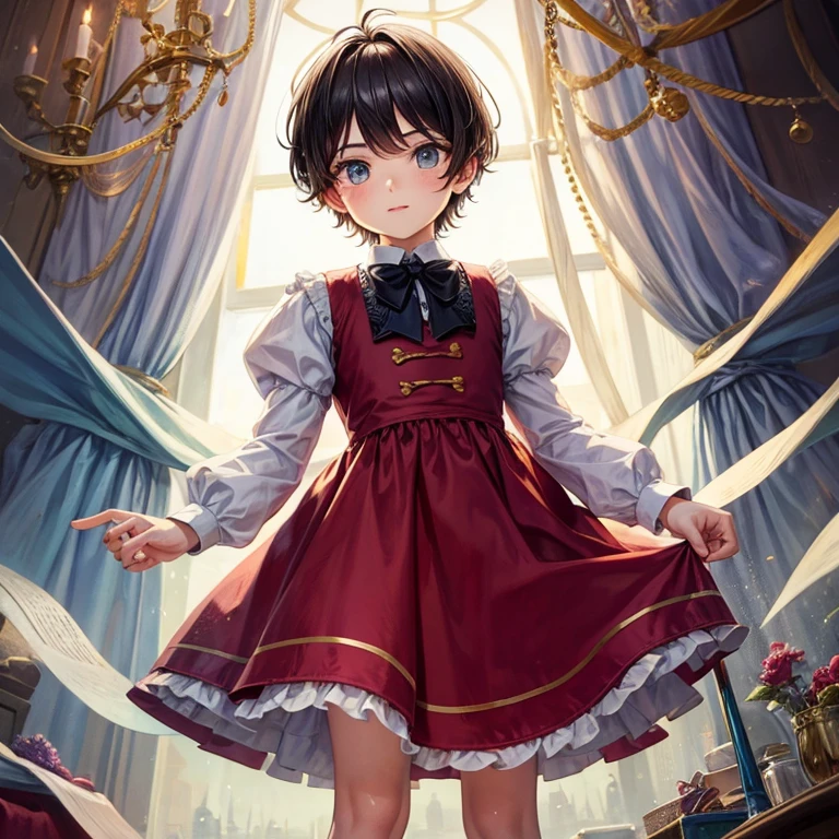 old painting of boy, wearing short princess dress