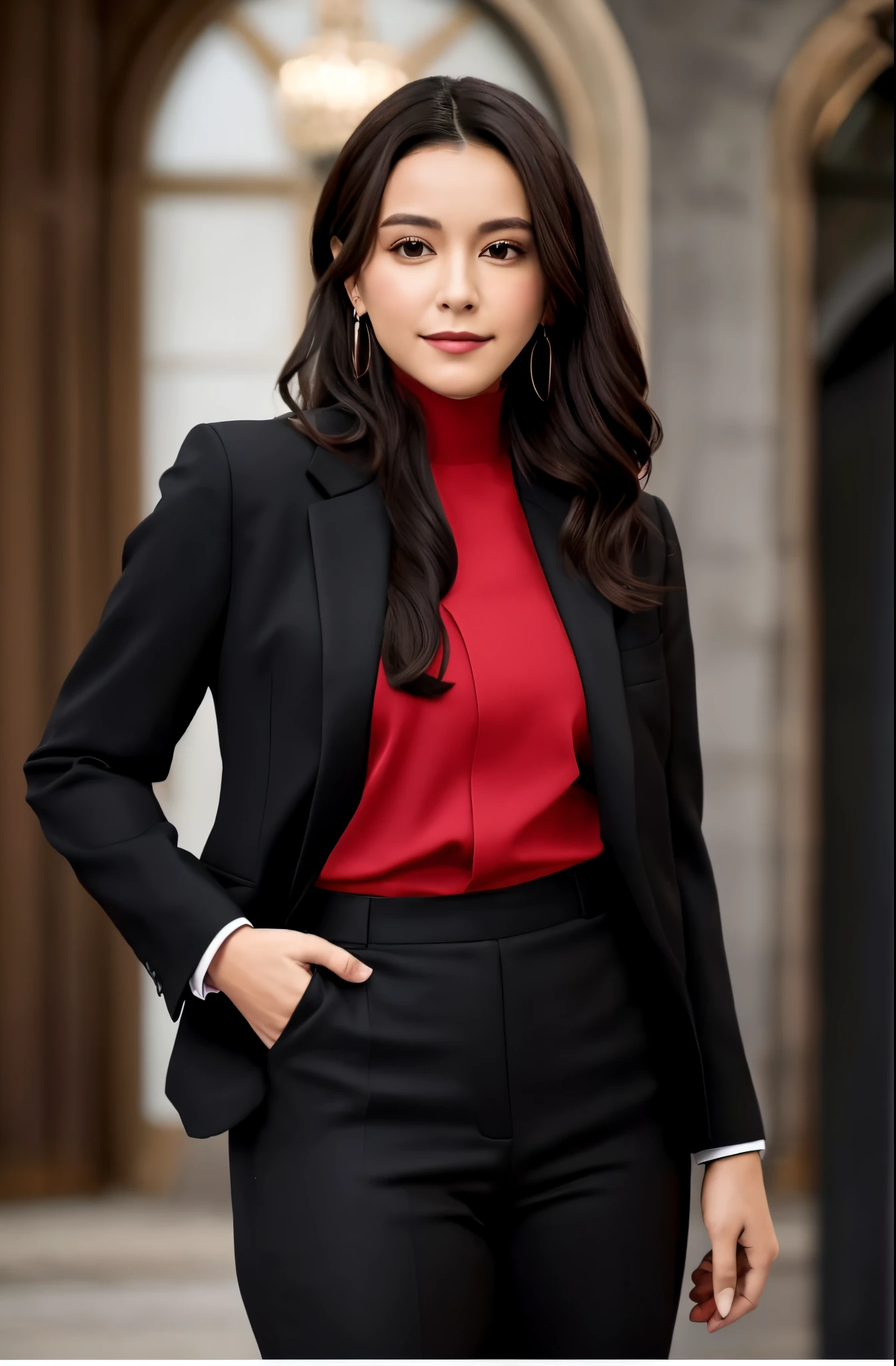 there is a woman in a red shirt and black suit posing for a photo, vestindo um terno preto e vermelho, Wearing Black Business Suit, woman in black business suit, wearing business suit, woman in business suit, menina no terno, terno preto e vermelho, with a business suit on, terno vermelho e preto, menina em um terno, in a business suit