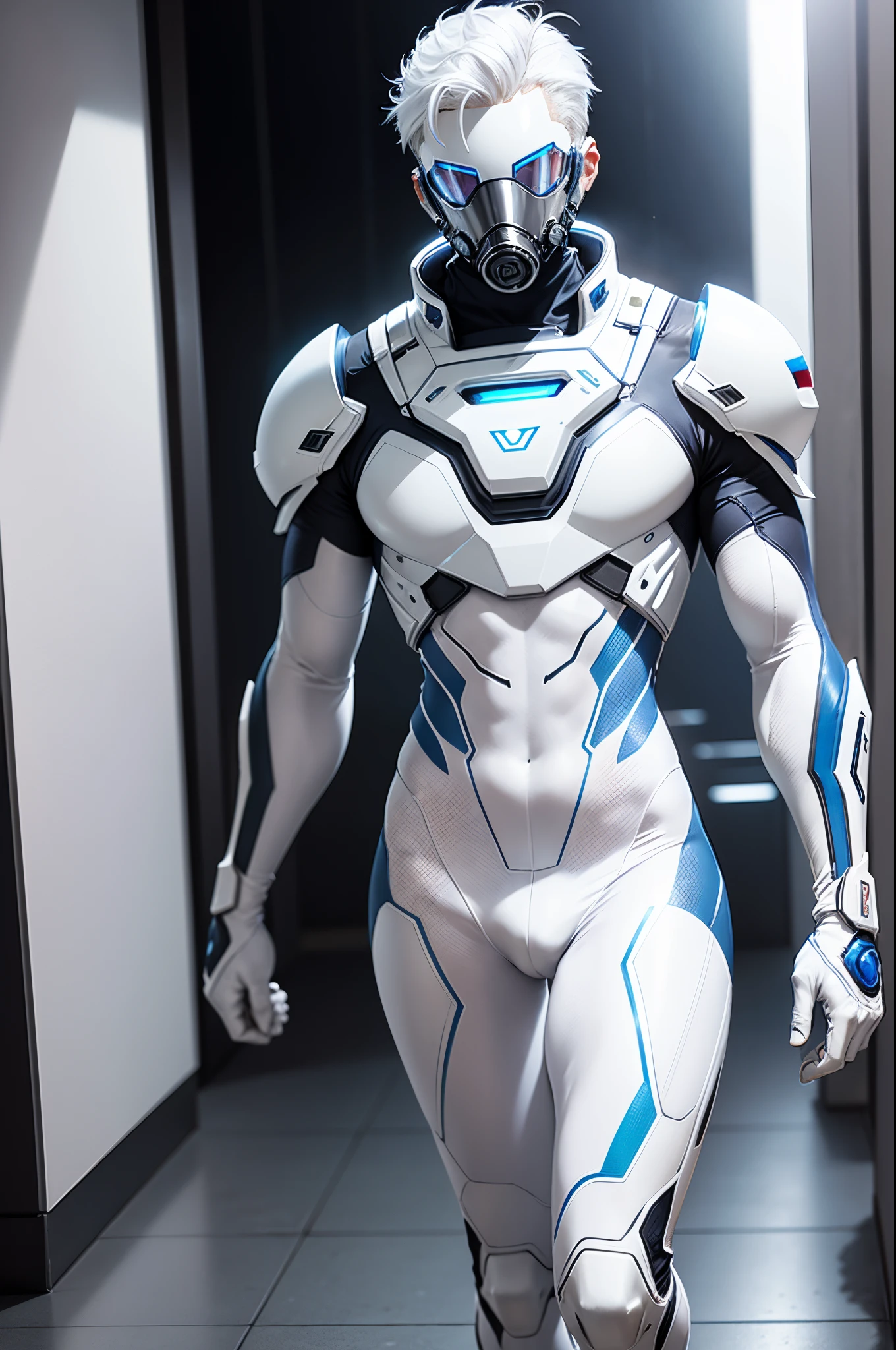 body suit, white and blue suit, futuristic suit, white gauntlets, white gloves, white hands, skin tight bodysuit, toned male, teenager, young male, futuristic gas mask and vizor, bodysuit, futuristic, sci fi, toned male, hands seen, hair visible, solo male, full body seen, white hair, holding hands