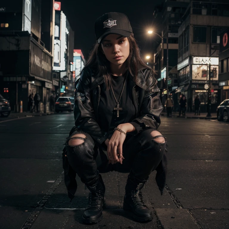 "(25-year-old Caucasian female in high quality and resolution, detailed face, full body) wearing an ultra-realistic streetwear:1.2 with a plain black shirt and a black trucker cap, black jeans with rips at knees, black boots, chain with cross pendant. Surrounded by a dystopian cyberpunk nightscape. "