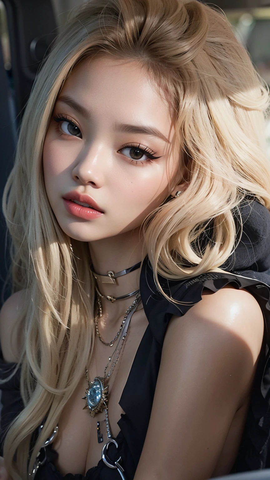 Jennie blackpink loira com cabelos longos e piercings sentada em um carro, ****** perfeita de cabelos brancos, ava max, ****** com cabelo branco, com cabelos longos e olhos penetrantes, longos cabelos loiros e olhos grandes, cabelos brancos rosto bonito, cabelos loiros e olhos grandes, cabelos brancos intensos, pale hair, com longos cabelos brancos, longos cabelos loiros e olhos grandes jennie blackpink