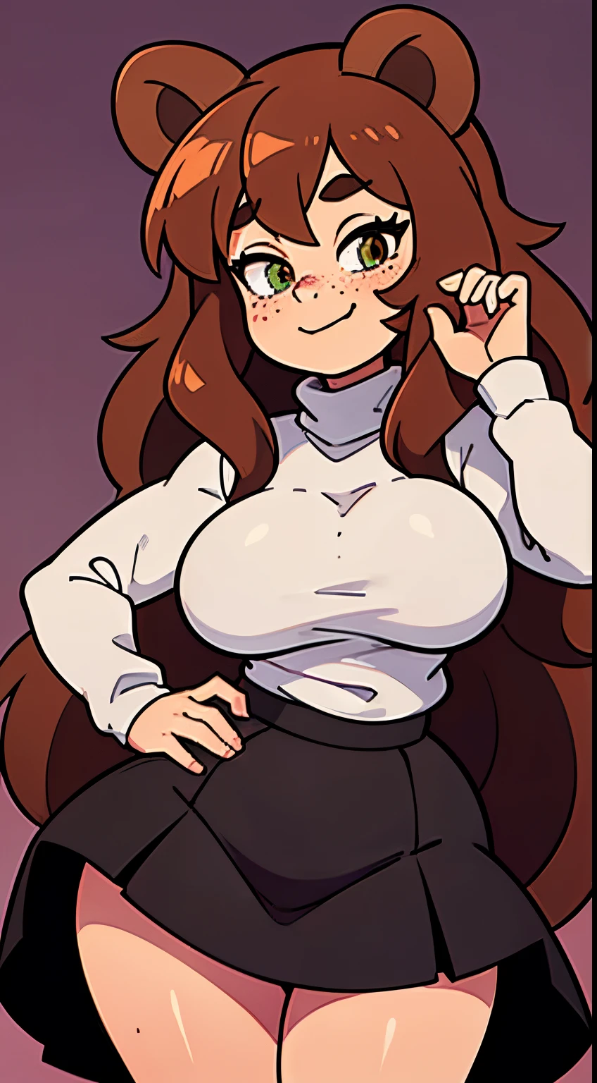 Brown long fluffy hair, fluffy hair, bear ears, bear, big breasts, attractive, turtleneck sweater, turtleneck, thicc body, thicc, freckles, freckles on face smug expression, smug smile, skirt, black skirt