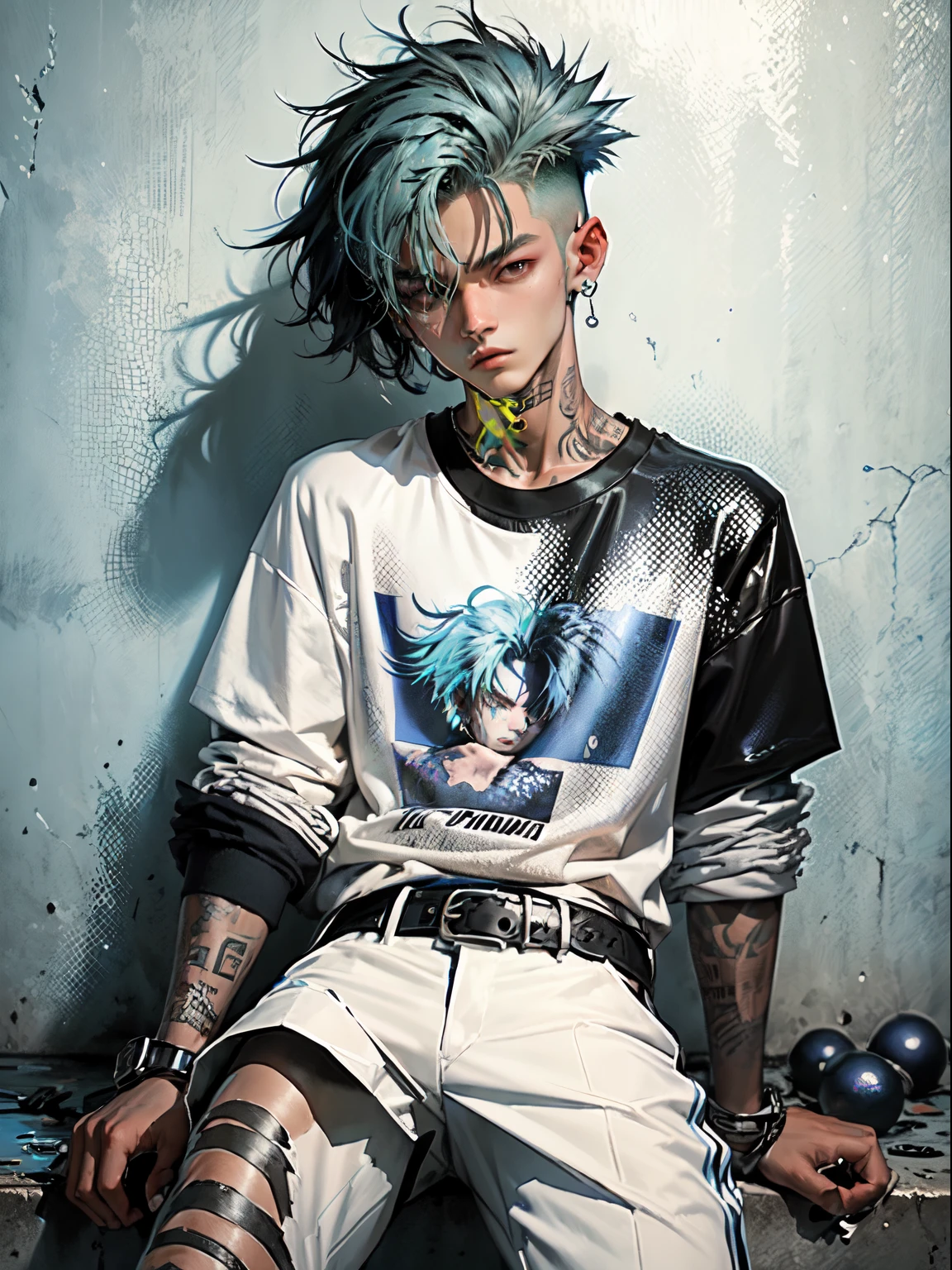 Kpop  boy with fade cut dark blue hair with with (frosted white tips top hair), cute face, irresistible, sit pose, poser, serious face, full half body show, tattoos, wears cool black mixed blue ang green open jacket with long big sized shirt, long black pants with belt, paint background, popstar, has messy lime green hair, and a green one-suit with a diamond. He has a normal Putt Putt Troll appearance overall, as most of them resemble his appearance with exceptions like Viva. His attire a reference to the golfing attire of golfers.