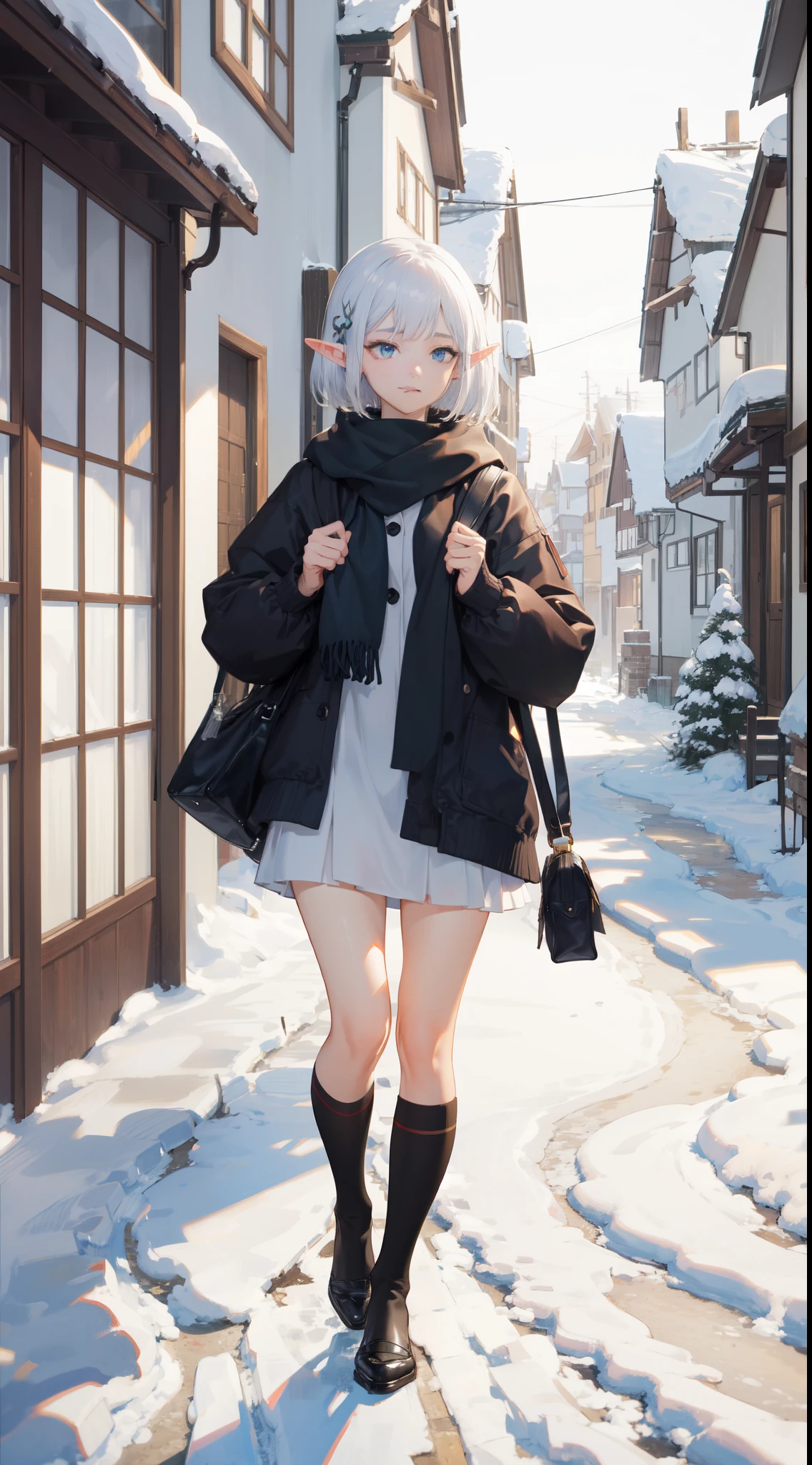 professional portrait photograph of a gorgeous elf girl in winter clothing with Bob cut silver hair, sultry flirty look, gorgeous symmetrical face, (beautiful detailed face:1.3), blue eyes, cute natural makeup, wearing elegant warm winter fashion clothing, (elf:1.2), 1girl, ((standing outside in snowy Village street)), studio ghibli style street, neat, lifelike, pixiv, stunning German architecture, concept art, elegant, highly detailed, intricate, sharp focus, (depth of field:1.2),(blurry background:1.1), f/1. 8, 85mm, medium shot, mid shot, (((professionally color graded))), bright soft diffused light, (volumetric fog), trending on artstation, hdr 4k, art style by Artgerm, by Kawacy, By Yusuke Murata,