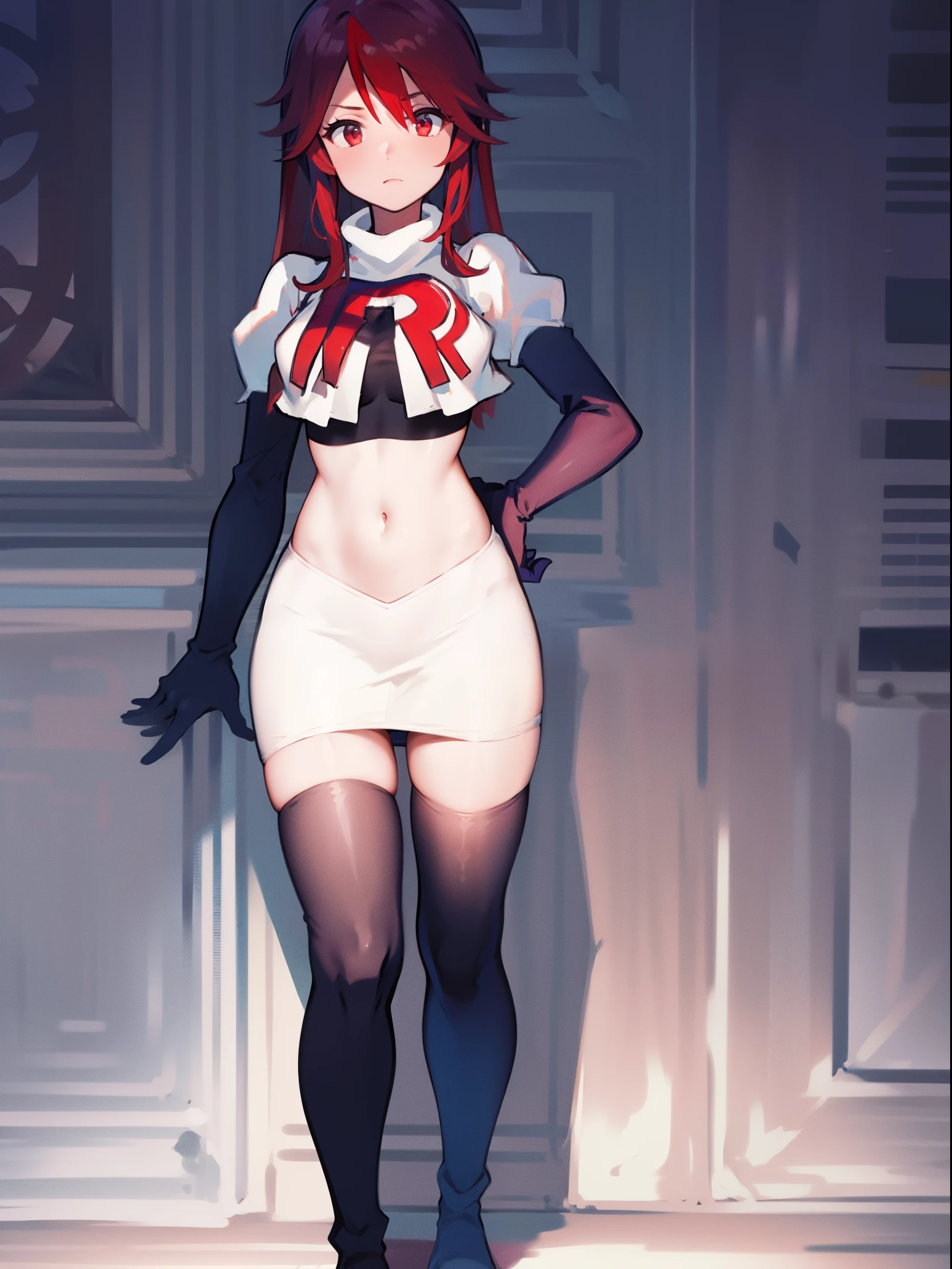 rosariarnd, team rocket,team rocket uniform, red letter R, white skirt,white crop top,black thigh-highs,black elbow gloves