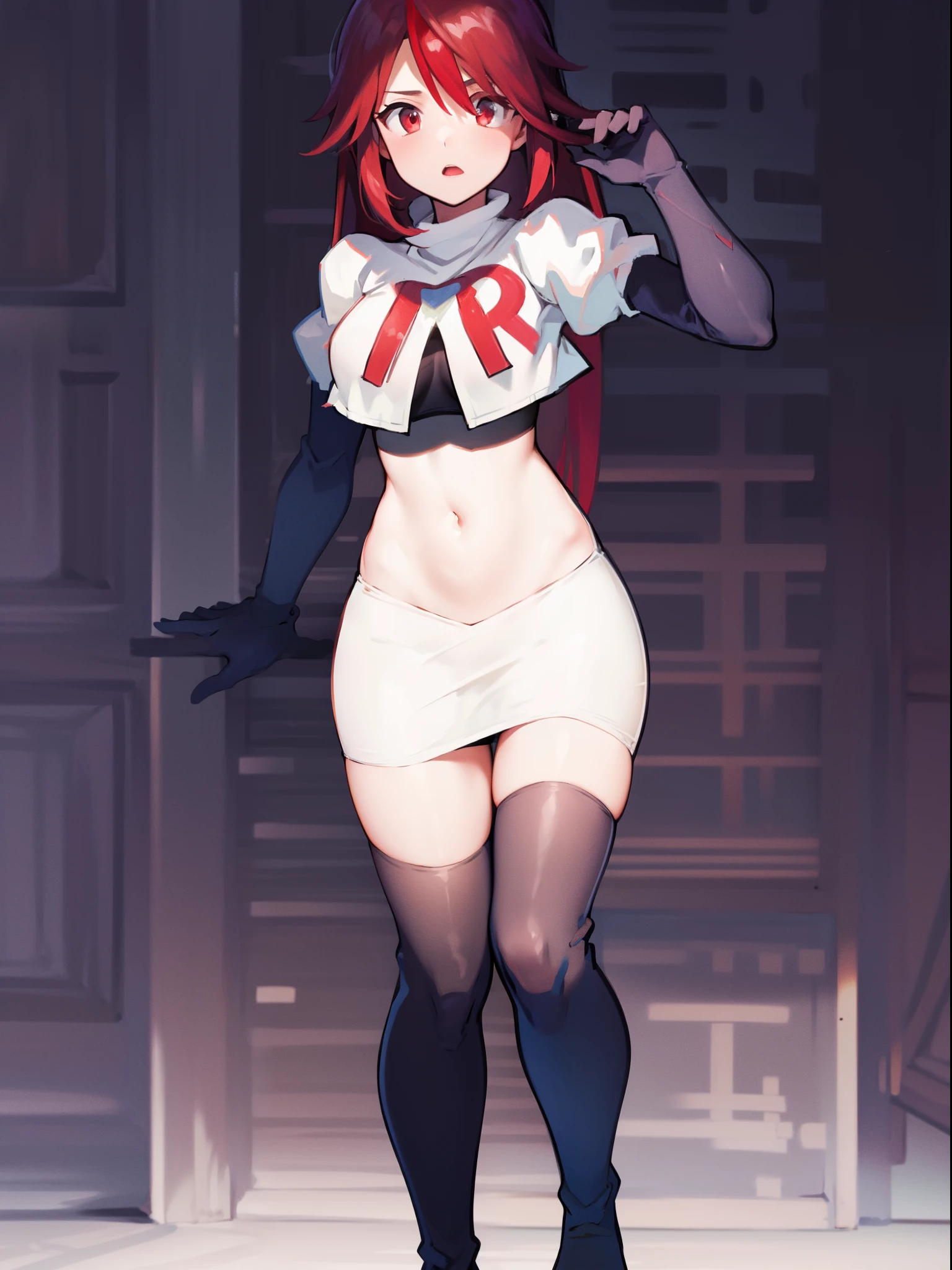 rosariarnd, team rocket,team rocket uniform, red letter R, white skirt,white crop top,black thigh-highs,black elbow gloves