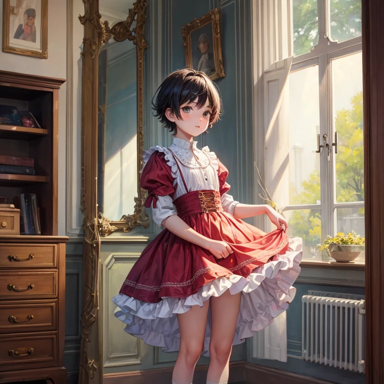 old painting of boy, wearing short princess dress