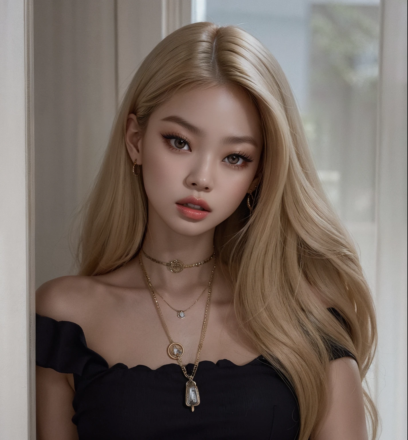 Jennie blackpink loira com cabelo longo e um vestido preto posando para uma foto, longos cabelos loiros e olhos grandes, Retrato de Kim Petras, longos cabelos loiros e olhos grandes, cabelos loiros e olhos grandes, ava max, extremely pale blond hair, menina perfeita de cabelos brancos, pale hair, com cabelos longos e olhos penetrantes, Anna Nikonova aka Newmilky, com longos cabelos loiros jennie blackpink