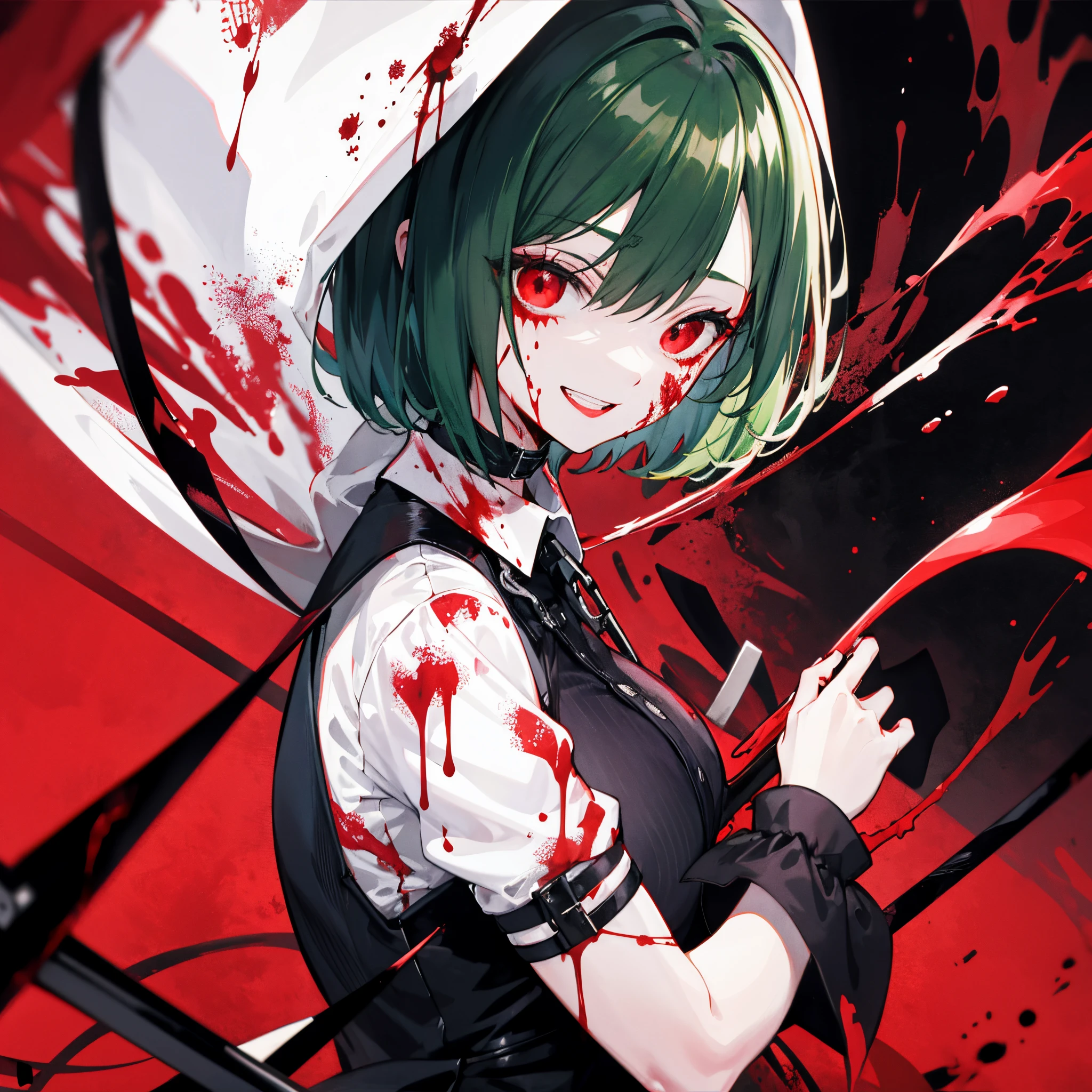 Phonk cover. anime girl with green short bob hair and red eyes. Blood on the face and hair, crazy look and smile, gloomy atmosphere, madwoman. a huge scythe behind my back is covered in blood, face close-up. 
Write "need backup"