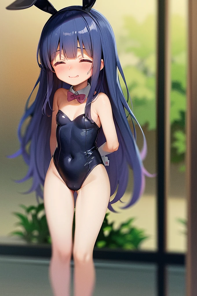 (()), middle hair, navy hair, dark blue hair, round eyes, ((closed eyes)), tareme, 1 girl, ((smile)), ((embarrassed)), (blush), open mouth, small breasts, ((petite)),［pale skin］((playboy bunny)), (full body), stand, rabbit ears