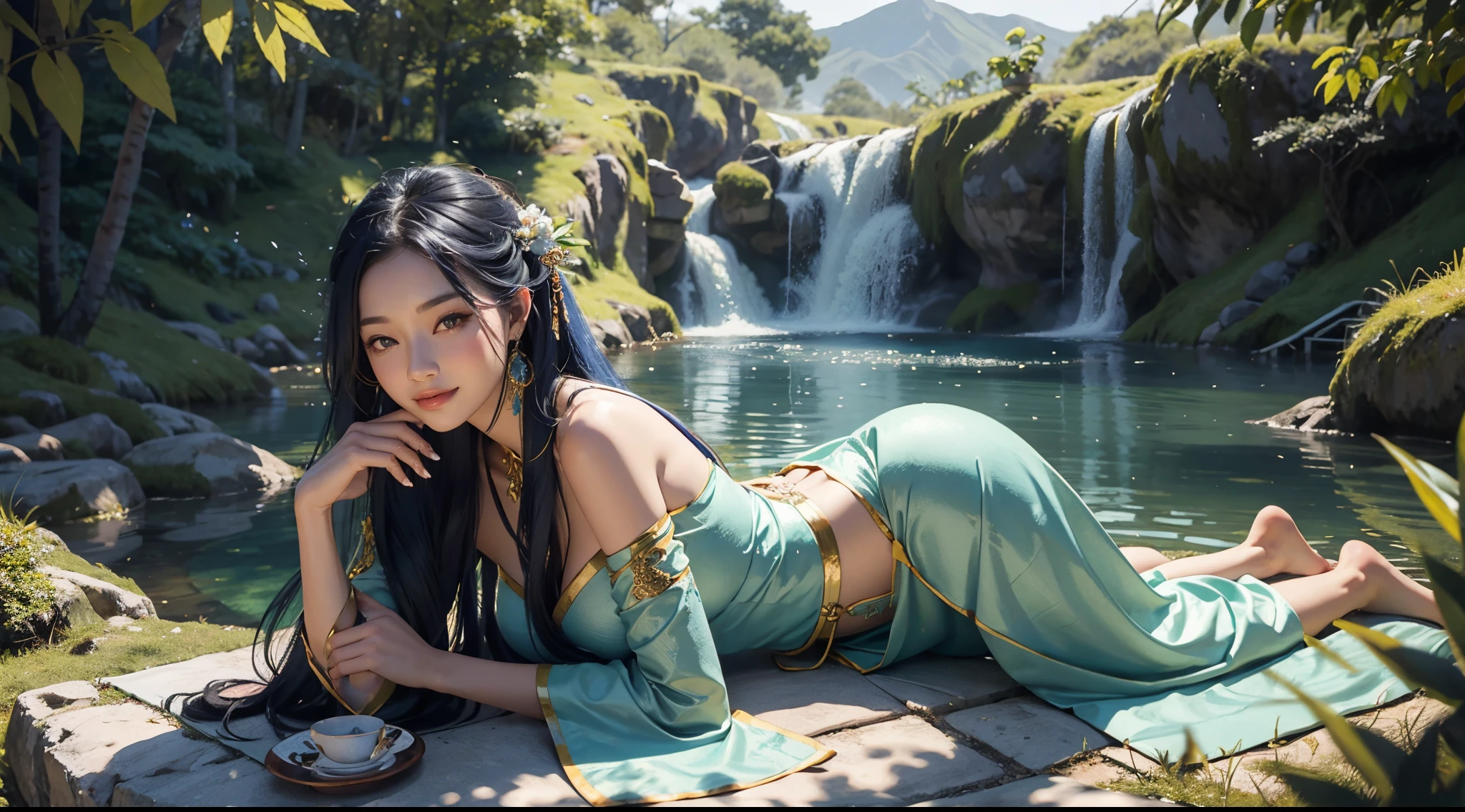 tmasterpiece, Best quality at best, offcial art, 8k wallpaper, The  very detailed, illustratio,Woman in ancient costume drinking wine at forest fountain, Chinese, ink, sky-bluehair, long whitr hair, 詳細な目, lying in the garden, of shoulders, Hanfu, lake, pure, gently smiling, bamboos, teas