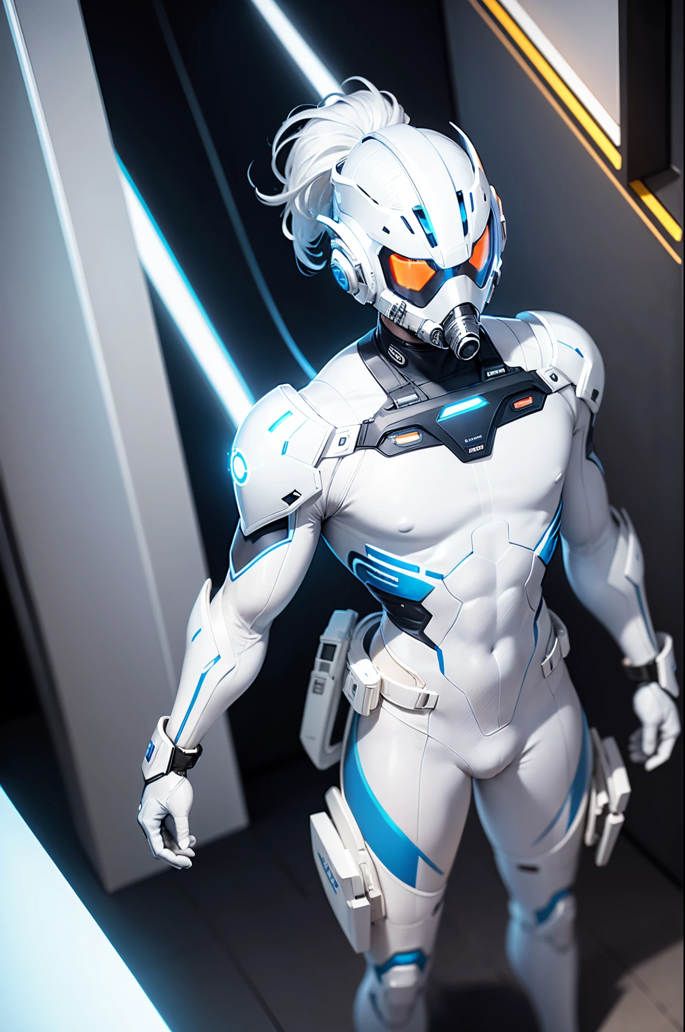 body suit, white and blue suit, futuristic suit, white gauntlets, white gloves, white hands, skin tight ????????, toned male, teenager, young male, futuristic gas mask and vizor, ????????, futuristic, sci fi, hands seen, hair visible, solo male, full body seen, white hair,