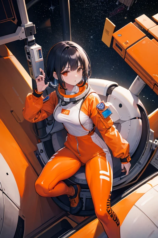 There is a woman in a spacesuit on a red and white background, (fullbody), inspired by Victor Moskela, Laurie Graceley and James Jean, inspired by astronaut Chris Moore, Buss, in the style of Laurie Graceley, Nicolas Bouvier Sparter, Jean-Sebastian Roesbach, Victor Mosquera, Bastian Glivett