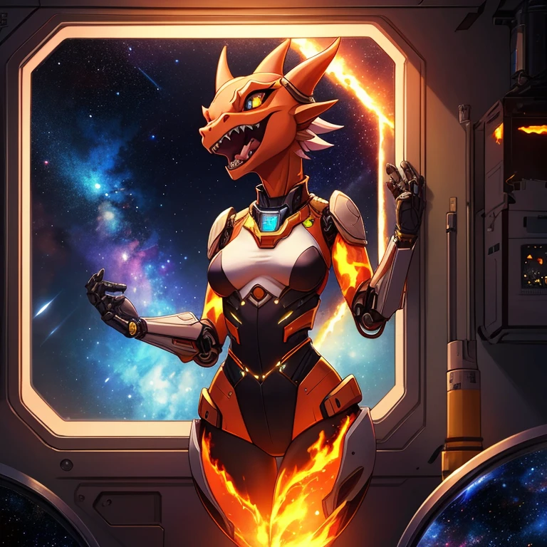 female, furry, metalic, robotic, anthro, kobold, short, small breasts, open mouth, fangs showing, thin body, standing in space , science fiction, looking out window, galaxy, stars, burning , high quality, masterpiece,