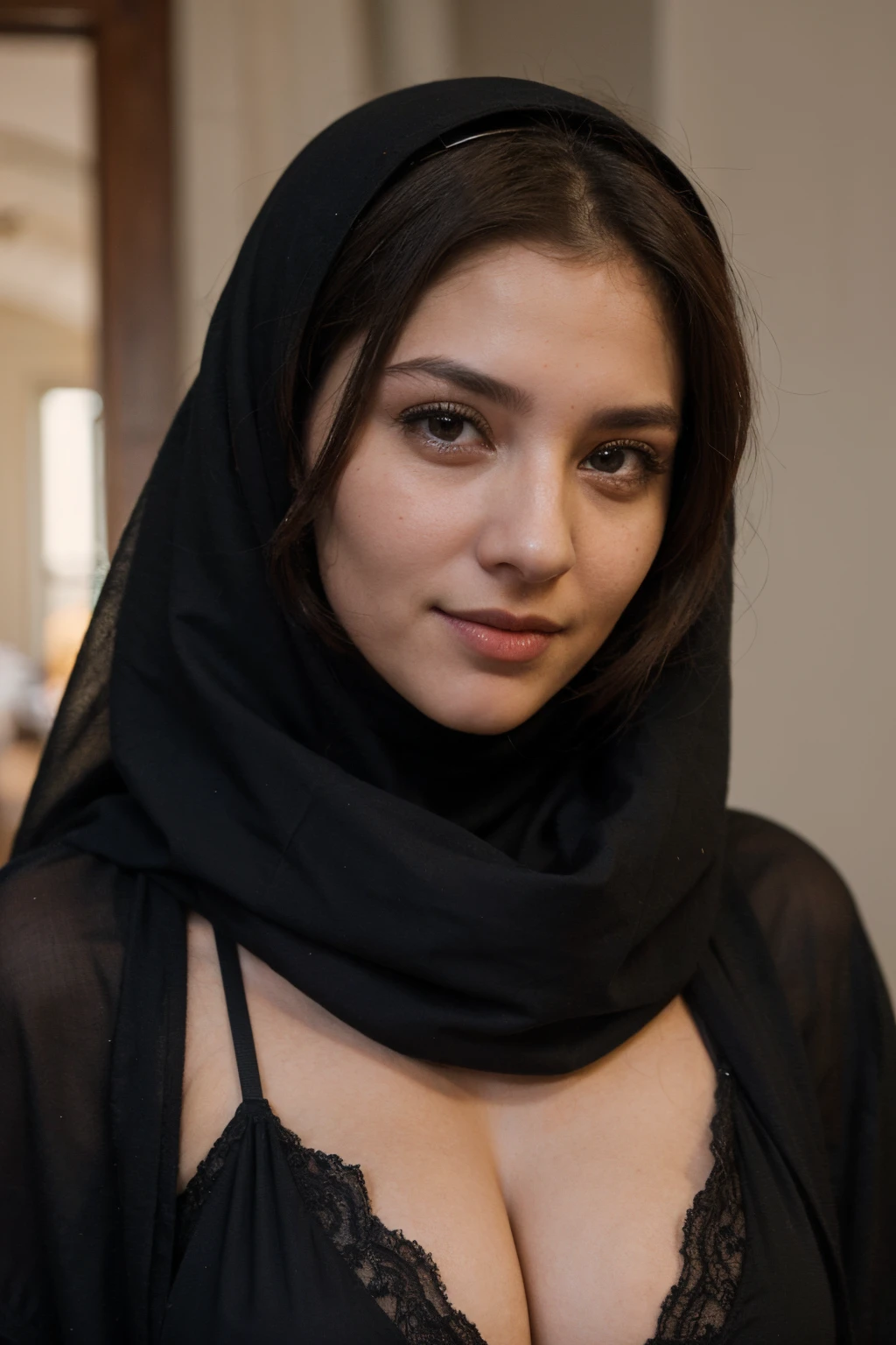 araffe woman in a black scarf and a black head scarf, beautiful iranian woman, pale-skinned persian girl, arab ameera al taweel, very very very beautifull face, attractive female face!!!, very very beautiful woman, very beautiful face, beautiful arab woman, arab ameera al-taweel, beautiful face detail,big ,full body ,nude