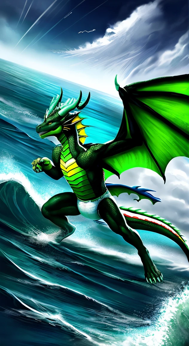 (realistic dragon with wings and horns), bipedal, male proportions, muscled, wearing pampers disposable soggy diaper with green hurricane shaped symbol, throwing swirling whirlwinds surrounded by air streams from claws, Kung fu pose, blowing with claws, surrounded by glowing green twister, hurricane, strong winds , in cruise, ocean