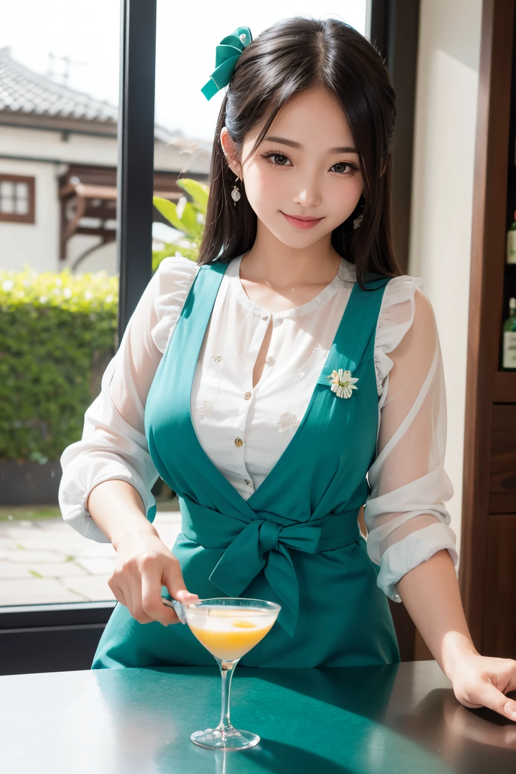 Cute girl pouring a charming cocktail, Blue and green petals fall around her、Create dazzling displays.