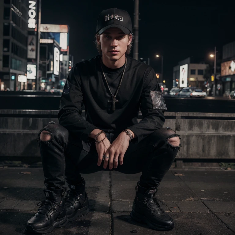 "(25-year-old Caucasian male in high quality and resolution, detailed face, full body) wearing an ultra-realistic streetwear:1.2 with a plain black shirt and a black trucker cap, black jeans with rips at knees, black boots, chain with cross pendant. Surrounded by a dystopian cyberpunk nightscape. "