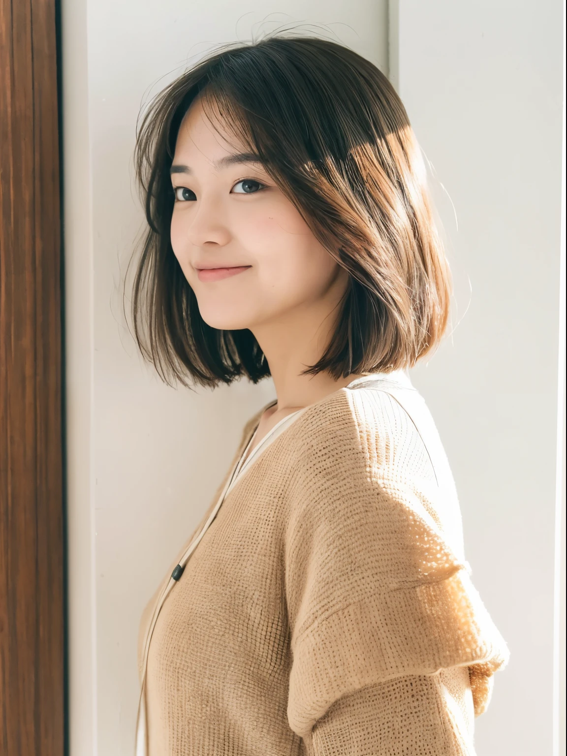 (Highly realistic photos, High resolution, detailed face, fine eyes), ((Taken in front of a white wall))、japanese woman, 40 years old, Variety of facial expressions, alone:1, slim figure, different hairstyles, casual clothes, Only one person appears in the photo、long sleeve dress、Shot in natural light、simple necklace、Spring clothes、Don't look at the camera、profile、Dark brown hair color、bob hair