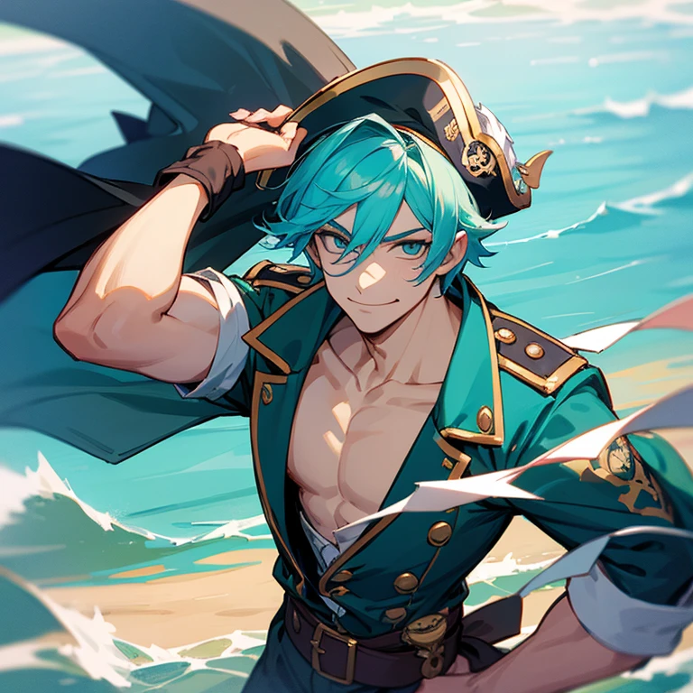 A merman boy looking fearfully up at a pirate captain who is smirking sadistically