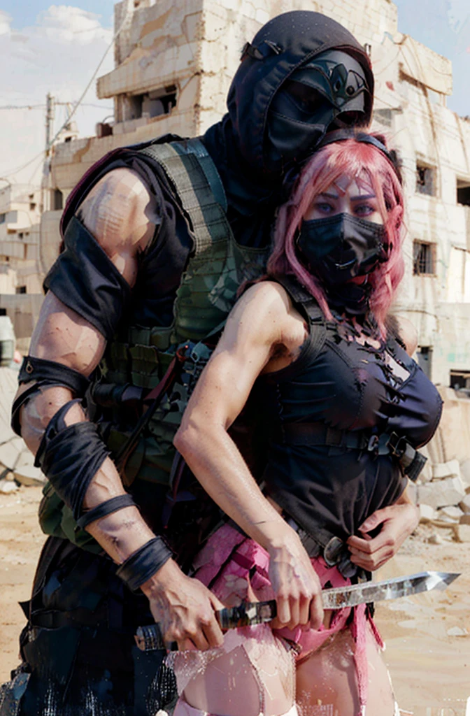 Angry Cute blonde toned shirtless female with military pants and a tactical mask being hugged from behind
