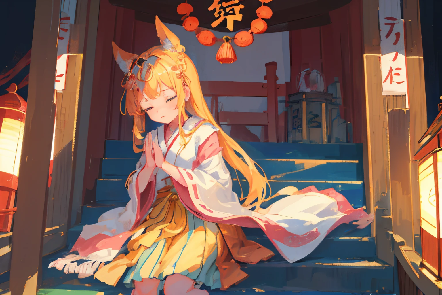 Creating an illustration of a girl making her first shrine visit (hatsumode) at a Shinto shrine. The girl has her eyes closed and hands clasped in prayer, aiming for an overall fantastical and nostalgic atmosphere with intricate details. The goal is to produce a high-quality illustration that captures the essence of the moment, delivering a magical and finely crafted artwork