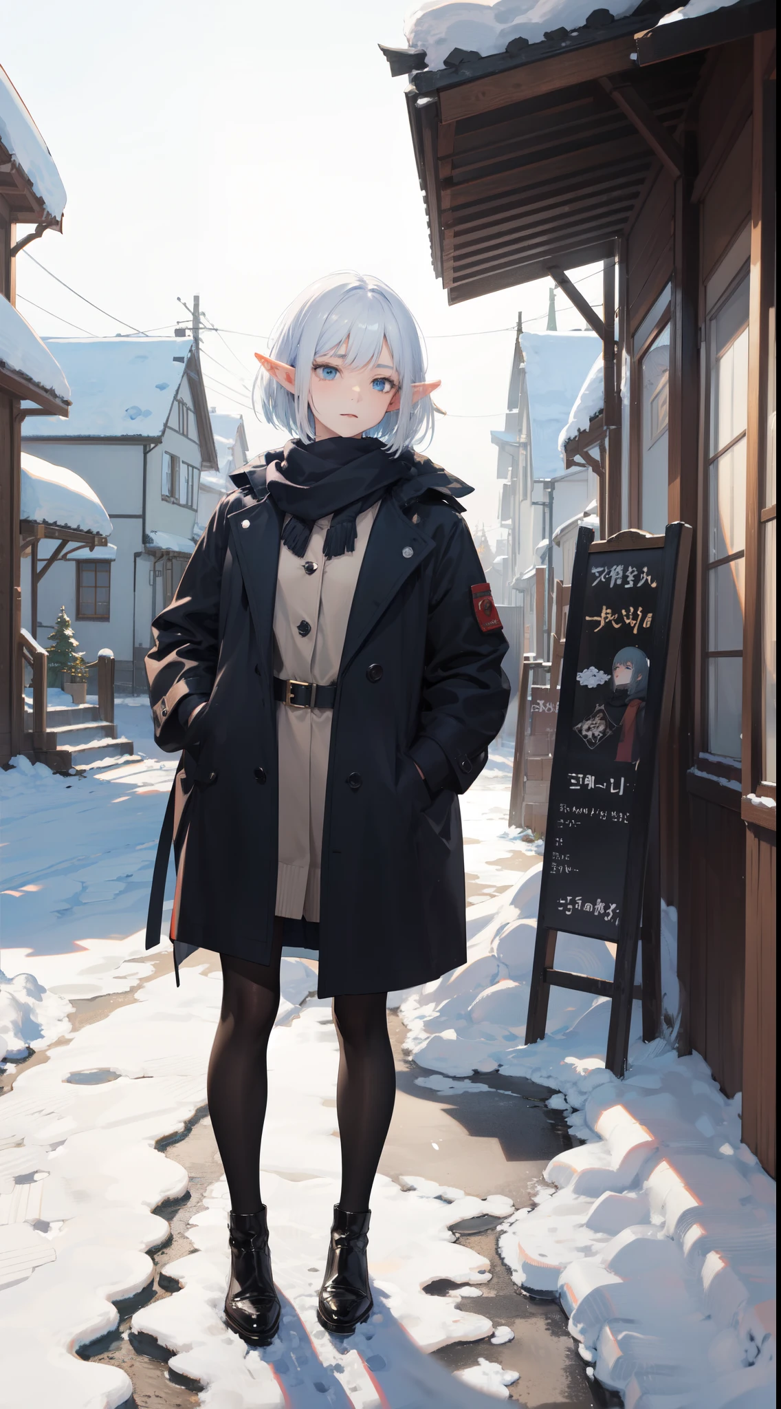 professional portrait photograph of a gorgeous elf girl in winter clothing with Bob cut silver hair, sidelock, sultry flirty look, gorgeous symmetrical face, (beautiful detailed face:1.3), blue eyes, cute natural makeup, wearing elegant warm winter fashion clothing, (elf:1.2), 1girl, ((standing outside in snowy Village street)), studio ghibli style street, neat, lifelike, pixiv, stunning German architecture, concept art, elegant, highly detailed, intricate, sharp focus, (depth of field:1.2),(blurry background:1.1), f/1. 8, 85mm, medium shot, mid shot, (((professionally color graded))), bright soft diffused light, (volumetric fog), trending on artstation, hdr 4k, art style by Artgerm, by Kawacy, By Yusuke Murata,