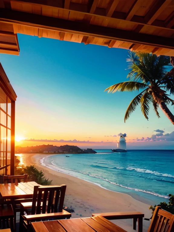 A traveler's freshly written postcard on a rustic wooden café table, bathed in the warm, golden sunset light. The postcard depicts a colorful seaside town, capturing its vibrancy. In the background, visible through the café's open window, is a stunning coastline with turquoise waters, gentle waves, and a distant lighthouse on a cliff. Palm tree silhouettes sway in the evening breeze, framing the picturesque scene. The café ambiance is cozy, with soft music and distant ocean sounds.