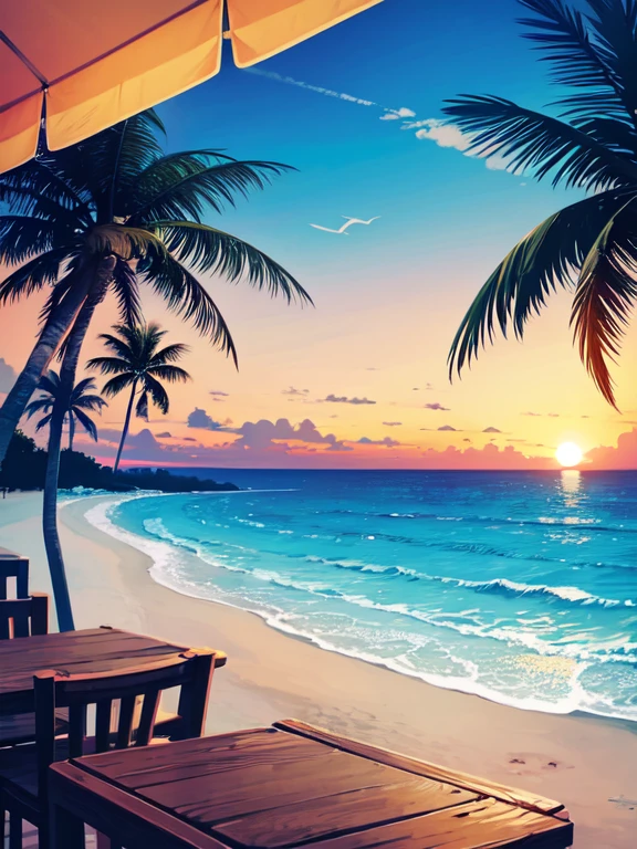 A traveler's freshly written postcard on a rustic wooden café table, bathed in the warm, golden sunset light. The postcard depicts a colorful seaside town, capturing its vibrancy. In the background, visible through the café's open window, is a stunning coastline with turquoise waters, gentle waves, and a distant lighthouse on a cliff. Palm tree silhouettes sway in the evening breeze, framing the picturesque scene. The café ambiance is cozy, with soft music and distant ocean sounds.