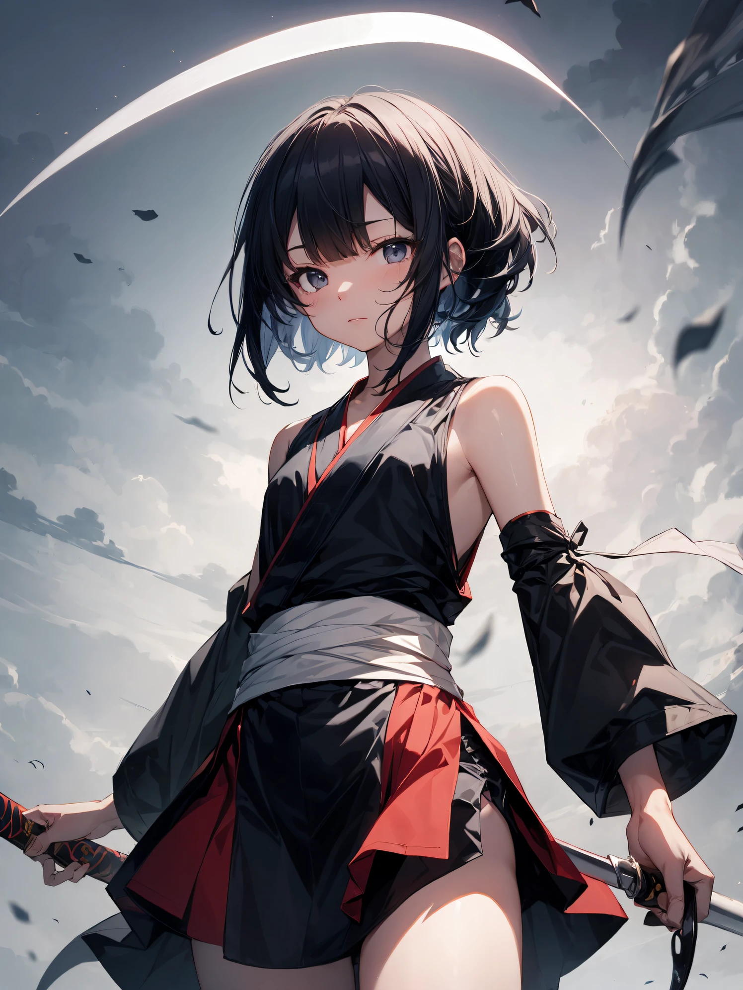 What is a ninja?、... It's cool and... quick.！Best Ninja quality, anime moe art style,Best Anime 8K Konachan Wallpapers,Badass Anime 8K,Perfect Anatomy, (Please draw a picture of a ninja girl standing on a telephone pole.),BREAK, Hello...my only daughter is a ninja., (Solo,Lori,child,13years:1.3), Androgynous attraction, (Very short hair, Blunt bangs), Full limbs, complete fingers,flat chest, Small butt, groin, Finely detailed 8K beautiful black eyes, 
(Sleeveless half jacket),Obi,short ninja hakama, Ninja scarf fluttering in the wind,hand sword bowing pose,BREAK,Ultra-detailed,High resolution,super detailed skin,  Best lighting by professional AI, Illustration,