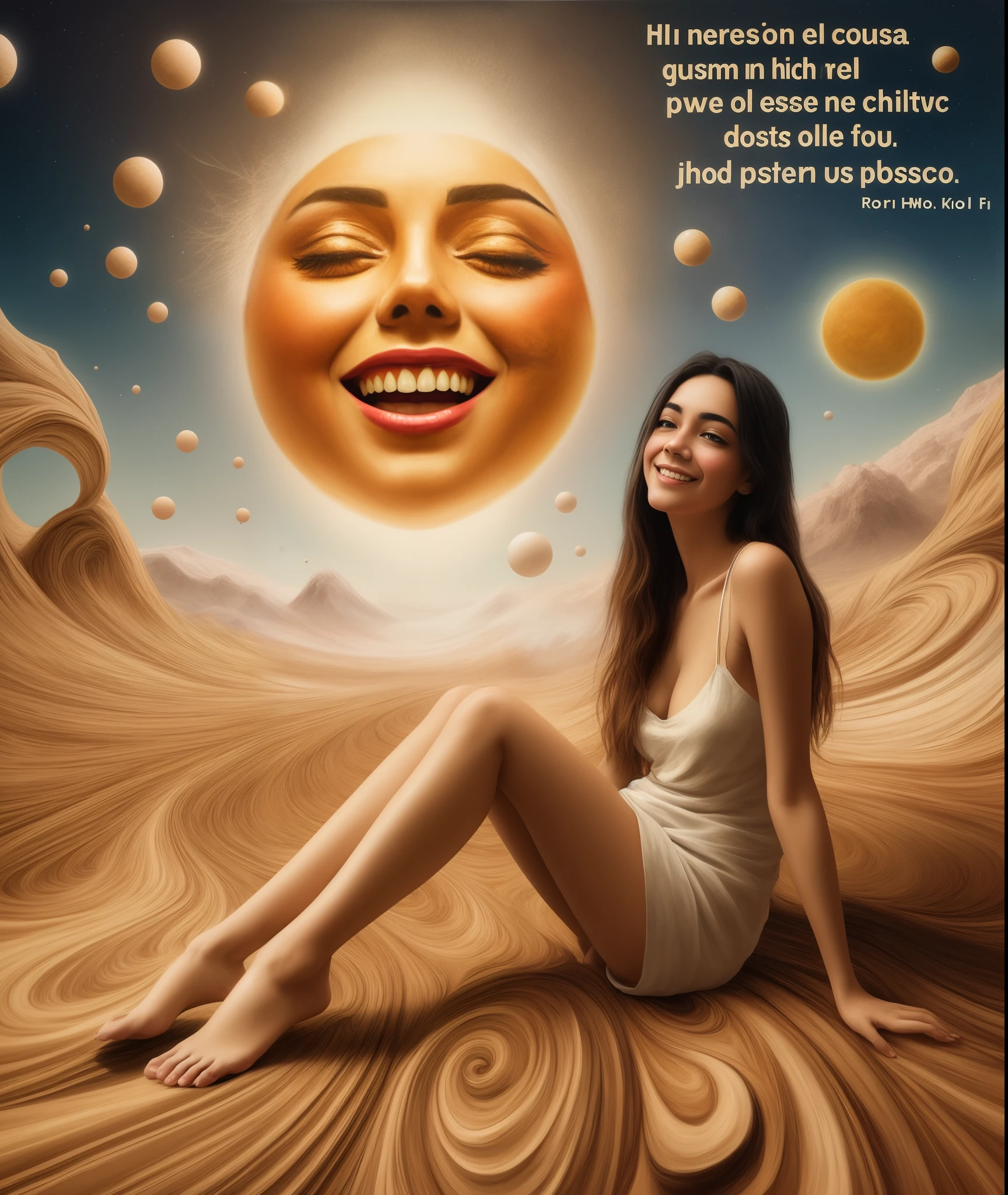 mujer sonriente sentada en el suelo frente a una pintura de un sol, fantasy art smug smile man, Karol behind UHD, LSD Poster Cosmic Art, Portada de arte, Dramatic smile intricate pose, Inspirado por Tomasz Alen Kopera, Karol Bak y Peter Mohrapher, inspirado por Ron English, Arte digital surrealista, deep sleeping