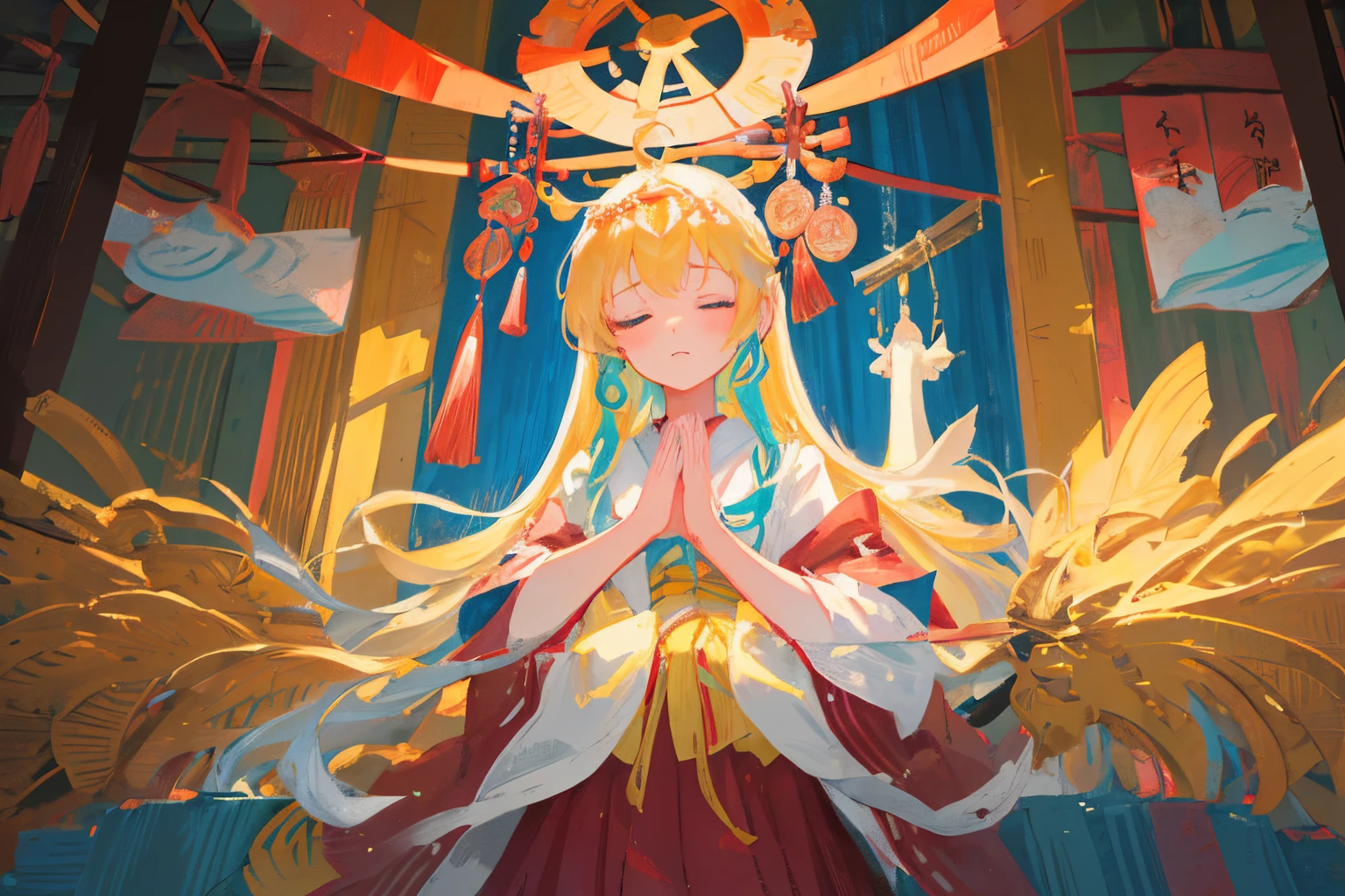 Creating an illustration of a girl making her first shrine visit (hatsumode) at a Shinto shrine. The girl has her eyes closed and hands clasped in prayer, aiming for an overall fantastical and nostalgic atmosphere with intricate details. The goal is to produce a high-quality illustration that captures the essence of the moment, delivering a magical and finely crafted artwork