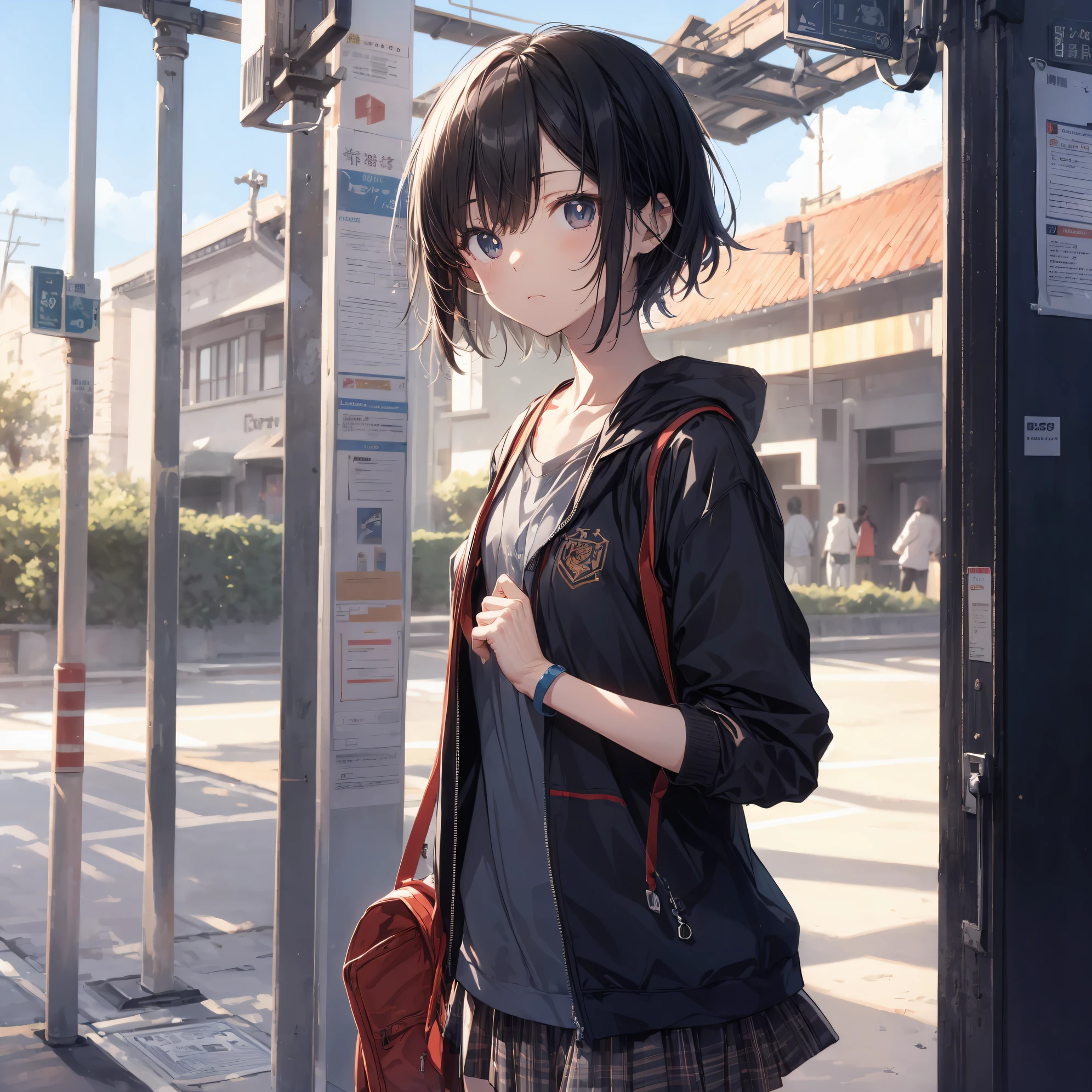 best god quality, Ultra-detailed, anime moe art style,Best Anime 8K Konachan Wallpapers,Pixiv Contest Winner,Perfect Anatomy, (Draw a girl sleepily walking to school. ),BREAK, 1girl is a cool beautiful girl, (Solo,Lori,child,13years:1.3),a junior high school student, Androgynous attraction, (Center part very short hair),hair messy, Forehead, Full limbs, complete fingers,flat chest, Small butt, groin, Small eyes,Beautiful detailed black eyes,Well-proportioned iris and pupils,disgusted eye, School uniform, Skirt,On the way to school. BREAK,High resolution,super detailed skin, Best lighting by professional AI, 8K Illustration,