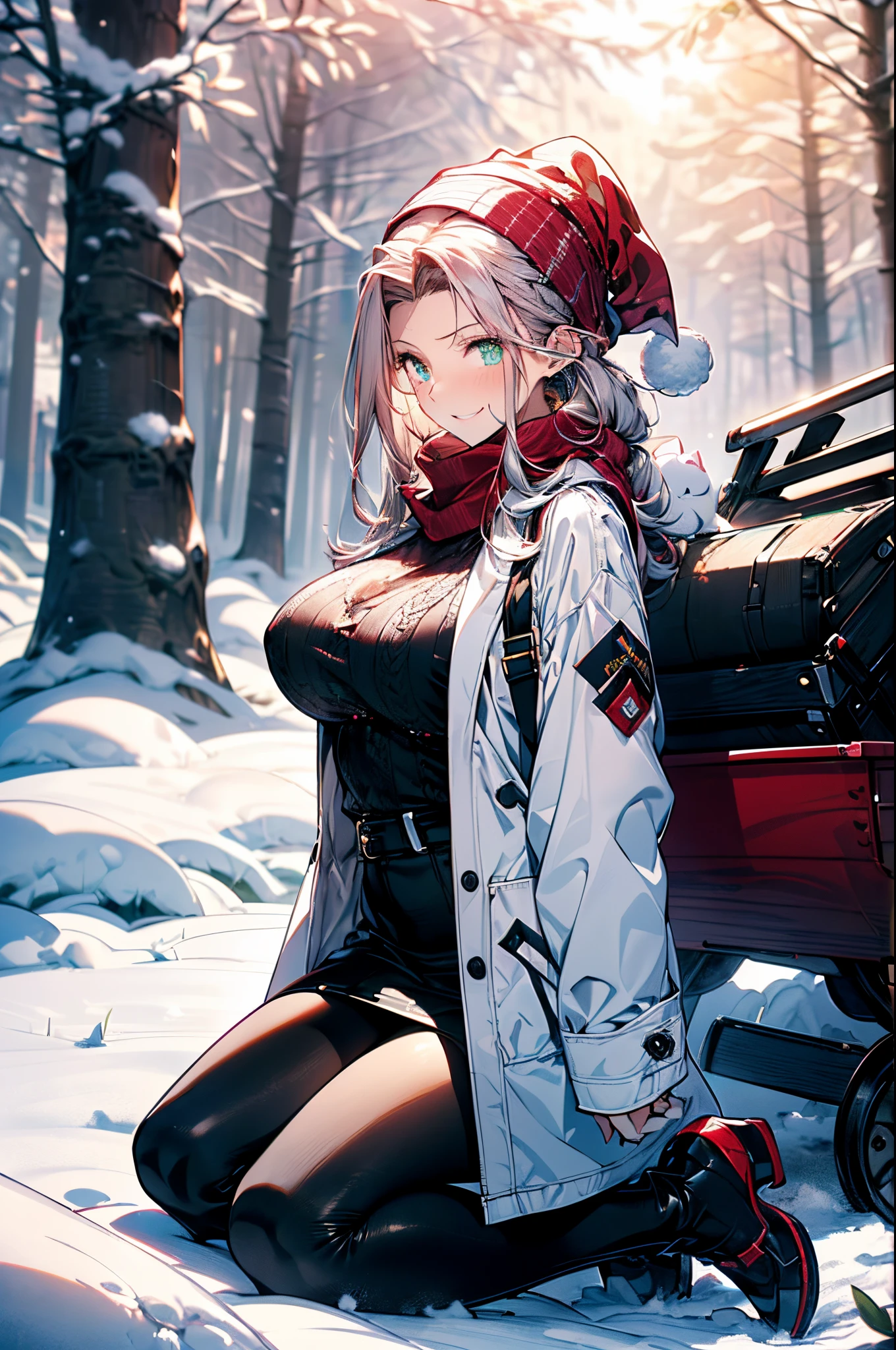 ((group photo:1.37, 2 girls:1.3, back hug, playing around in snowy field in forest:1.3, holding cute snow rabbit:1.3)), Nordic, ((matured girl wearing Sexy white outfits:1.3, cable knit sweater:1.3, close to viewers:1.37, harass sexually:1.25)), a matured woman with long black hair and a white outfit, white winter coat with bore, knit scarf, green ribbon, knee length long boots, white and green winter outfits, Christmas wreath, white bags on a sled, wearing dark green pencil skirt:1.3, full bodyesbian, fine details, beautiful anime illustration, 26 years old, (milf:1.air:1.5)), (sfw:1.25), (sagging breast, fuge breasts, big tits, thin waist, big ass:1.2), Raised sexy, (dark mahogany medium short hair, updo, hair over one eye, asymmetric hair, Carly hair, low tied braidusulman, white Headscarfs, hair bands, head vandage, Turban), (ultra high resolution, 8K RAW photo, photo realistics, thin outline:1.3, clear focuest qualtiy, natural lighting, textile shading, blurry back ground, depth of field, bokeh, (Bright fine pupils:1.2, high detailed beautiful eyes with highlight:1.3, super detailed eyes, high detailed face), Red lip, fine realistic skins:1.1, looking at viewers:1.3, (dutch angle:1.3, full body:0.3, front view:0.6, tigh focus:1.3, from below:1.4), (multi posing:1.3, sexy posing:1.3, sitting on ground:1.4, kneeling:0.2, leaning forward:1.4), (seductive, laughing:1.4), centered image:0.2, (wearing white long coat with bore and clotheare breast:1.2), gold ornaments, rolling red clothes around waist, dark brown long leather boots:1.3, translucent lace pantyhose), (((correct anatomy:1.5, perfect hands:1.5, ideal ratio body proportions:1.37))), (in a night:1.3), outdoors:1.6, under starry sky:1.2,