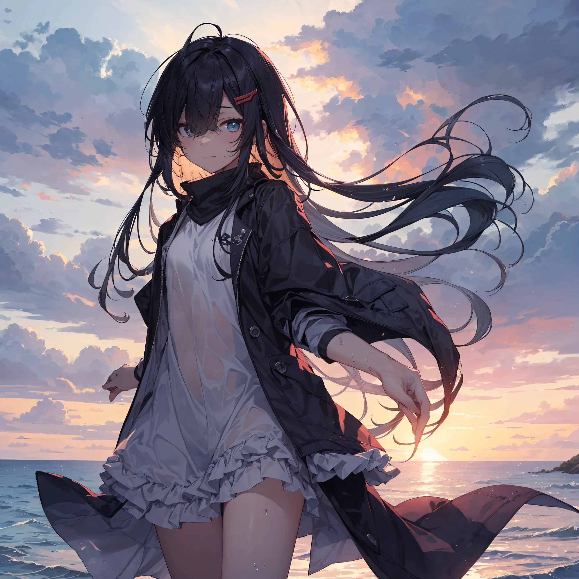 of the highest quality, anime moe art style,Best Anime 8K Konachan Wallpapers,Pixiv Contest Winner,Perfect Anatomy, BREAK,(Draw a picture of a girl in a swimsuit walking on the beach.),BREAK, 1girl is a beautiful girl with poor luck.,(Solo,Lori,child,14years:1.3),a junior high school student,Full limbs, complete fingers,  short silver hair, Forehead, (Hair over one eye:1.4),Small breasts, Small butt, Beautiful detailed eyes, well-proportioned student,groin, Wet, Shiny skin, Cowboy Shot, hair clips, Swimsuit, A slightly rippling smile,in beach.BREAK,Ultra-detailed,High resolution,super detailed skin, 
Best lighting by professional AI,Illustration,