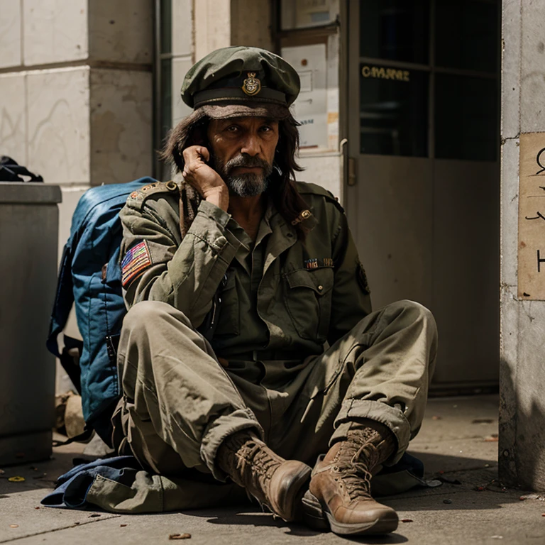 A homeless wearing a war uniform