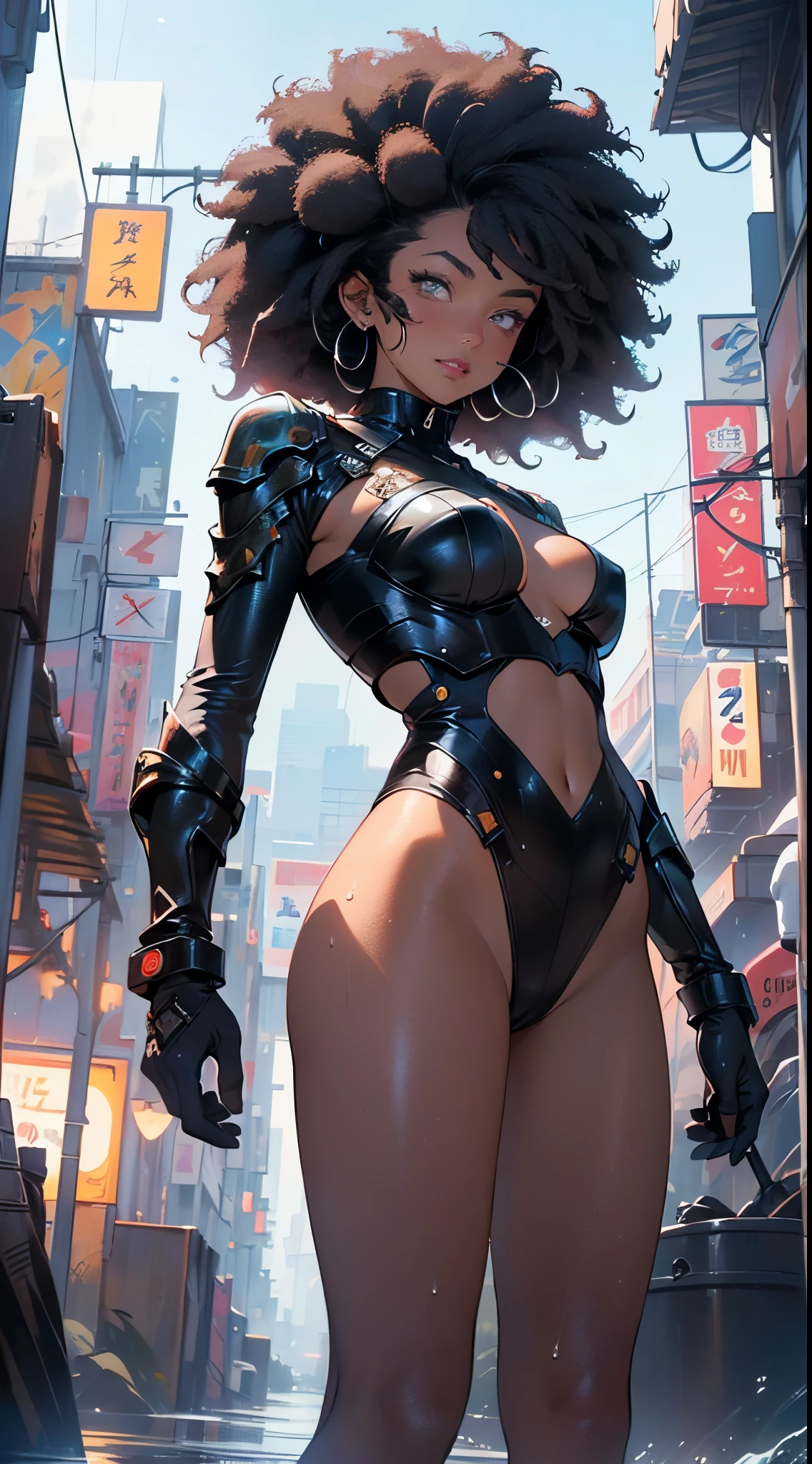 girl spacepunk,(((1girl))),((cute and beautiful afro haired girl)),((((black race)))),
(large breasts:1.4),saggy breasts,((((black afro hair:1.35,((afro hair:1.35)),afrohair,afro:1.35,dark hair,black hair,)))),medium hair,((heterochromia:1.5, (yellow_eye and red_eye))),intricate eyes,beautiful detailed eyes,symmetrical eyes,((fat)),((((tan,dark skin,black skin:1.35,dark-skinned_female,dark skin:1.3,ebony skin,lustrous skin:1.5,bright skin: 1.5,shiny skin,very shiny skin,shiny body,illuminated skin,wet legs)))),(spider lower abdomen,narrow waist,wide hip,athletic body,inflated legs),((detailed face)),
cute,slutty,sensual,seductive look,seductive,erotic,enchanting,((nsfw)),
zettai ryouiki,revealing clothing,show skin,(wearing a mechanical space body armor:1.3,micro armor bikini,bare legs,an armored arm),(((wet clothes,intricate outfit,intricate clothes))),
(dynamic pose:1.0),solo focus,embarrassed,(centered,scale to fit dimensions,Rule of thirds),
cyberpunk city by the ocean at night, with bright neon signs and dark stormy clouds and puddles, scenery:1.25,nighttime, starry night, cosmos,Very dark night that makes the neon lights stand out, very bright neon lights,nighttime, starry night, cosmos,
artistic photography,(photography taken by sldr),highres, sharp focus,(ultra detailed, extremely detailed), (photorealistic artwork:1.37),(extremely detailed CG unity 8k wallpaper),((synthwave background theme)),(((vibrant colors))),intricate,(intricate background),(masterpiece),(best quality),perfect rendered face,perfect face details,realistic face,photo realistic,analog style,((intricate detail)),(((realism))),