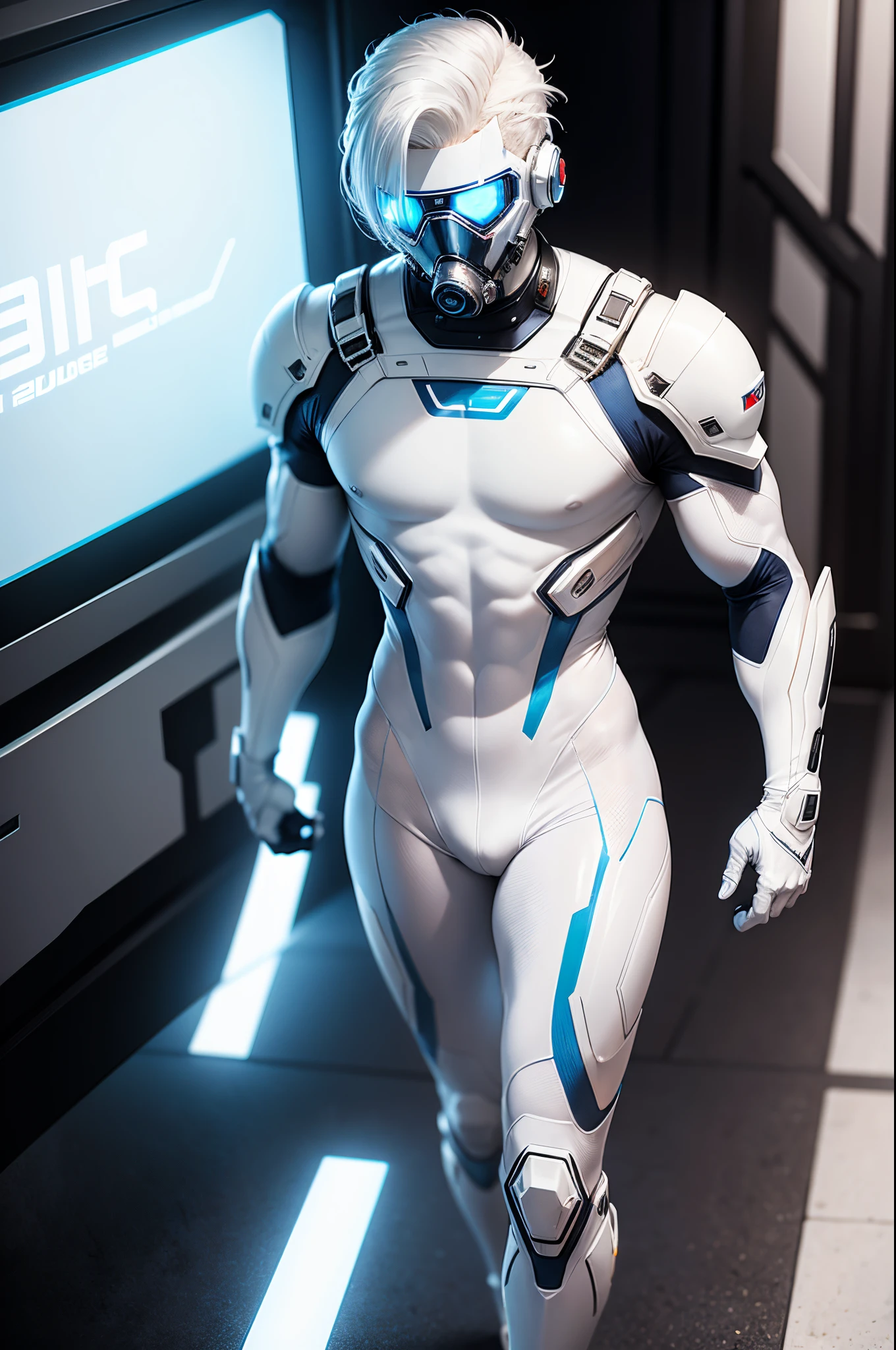 body suit, white and blue suit, futuristic suit, white gauntlets, white gloves, white hands, skin tight bodysuit, toned male, teenager, young male, futuristic gas mask and vizor, bodysuit, futuristic, sci fi, hands seen, hair visible, solo male, full body seen, white hair,