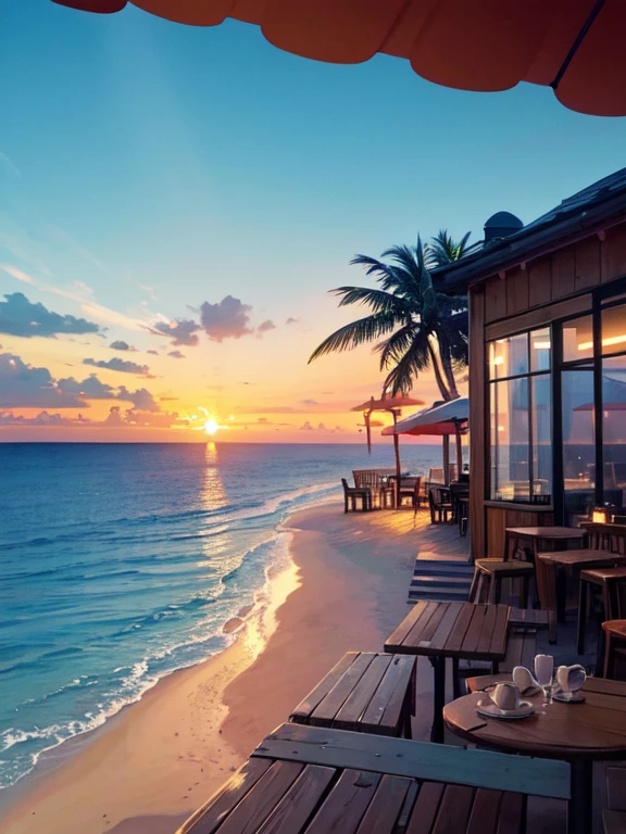 A traveler's freshly written (postcard):1.3 on a rustic wooden café table, bathed in the warm, golden sunset light. (The postcard),:1.4 depicts a colorful seaside town, capturing its vibrancy. In the background, visible through the café's open window, is a stunning coastline with turquoise waters, gentle waves, and a distant lighthouse on a cliff. Palm tree silhouettes sway in the evening breeze, framing the picturesque scene. The café ambiance is cozy, with soft music and distant ocean sounds