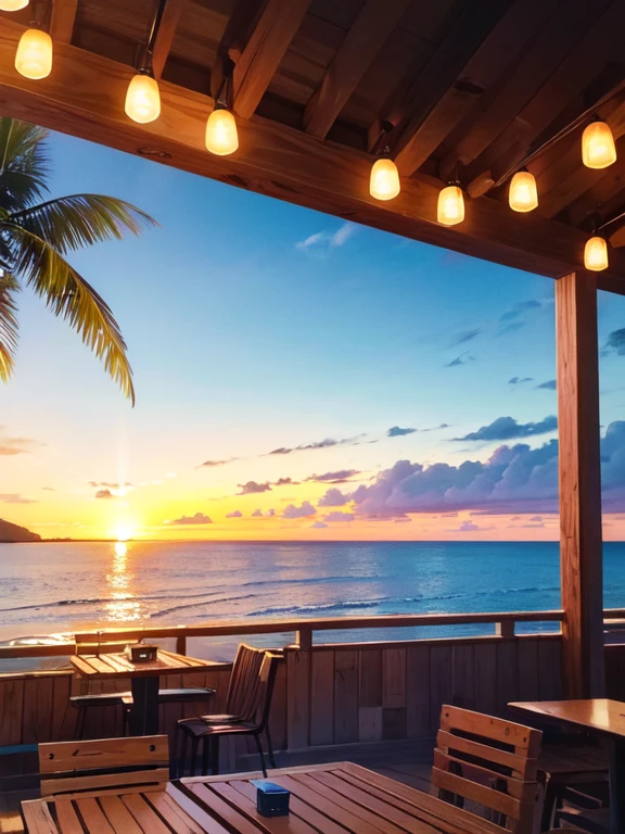 A traveler's freshly written (postcard):1.3 on a rustic wooden café table, bathed in the warm, golden sunset light. (The postcard),:1.4 depicts a colorful seaside town, capturing its vibrancy. In the background, visible through the café's open window, is a stunning coastline with turquoise waters, gentle waves, and a distant lighthouse on a cliff. Palm tree silhouettes sway in the evening breeze, framing the picturesque scene. The café ambiance is cozy, with soft music and distant ocean sounds