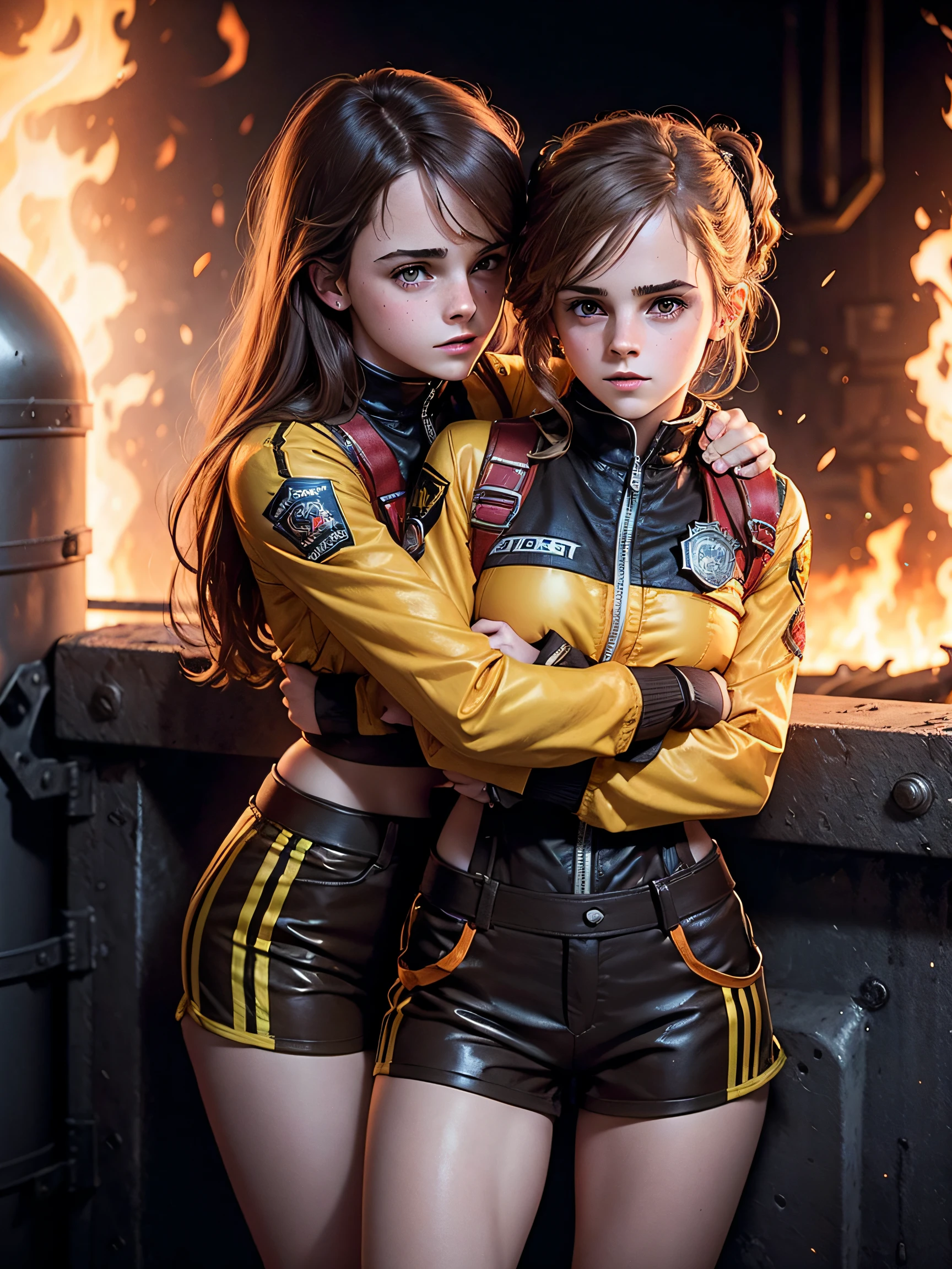 teen emma watson as two sexy firefighter girls sitting on a fence. tight intricate uniform. brown shorts. slender body. hugging each other. inside dark metal factory. dark background, furnace. goggles.